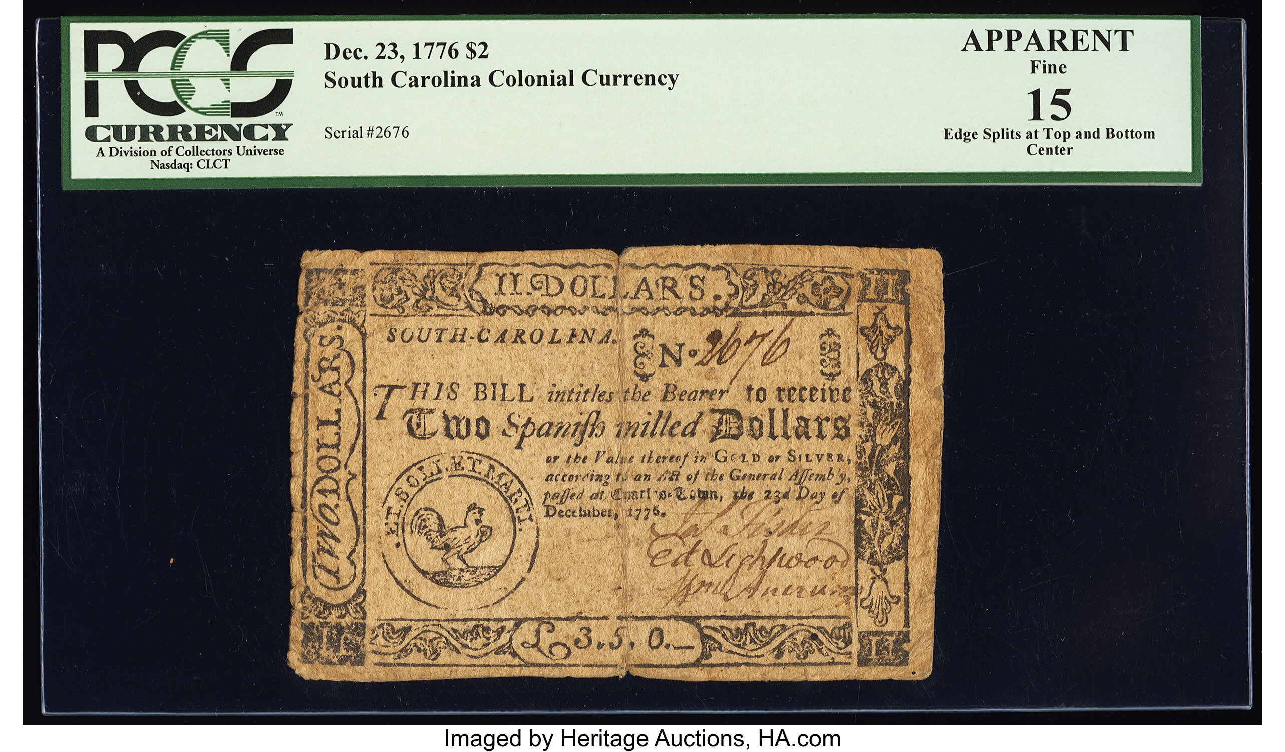 image for: South Carolina December 23, 1776 $2 PCGS Apparent Fine 15....