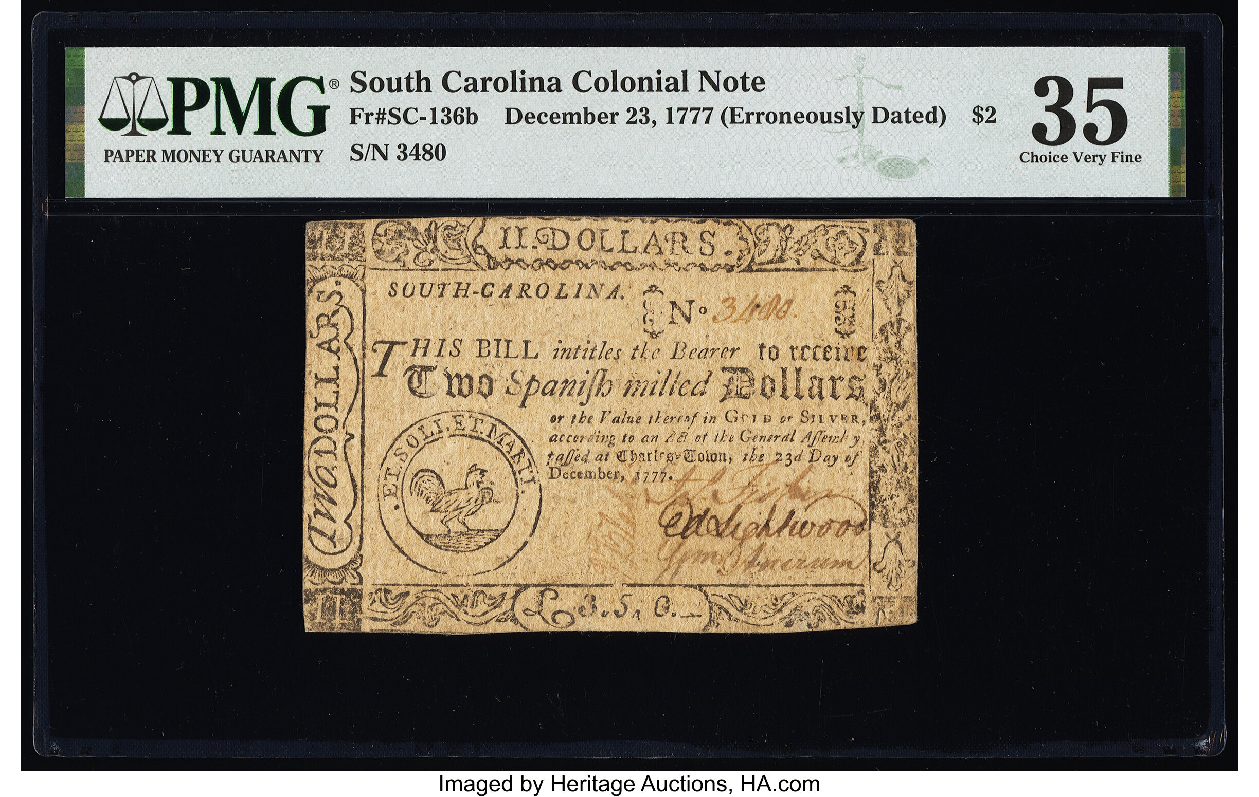 image for: South Carolina December 23, 1777 (erroneously dated) $2 PMG Choice Very Fine 35....