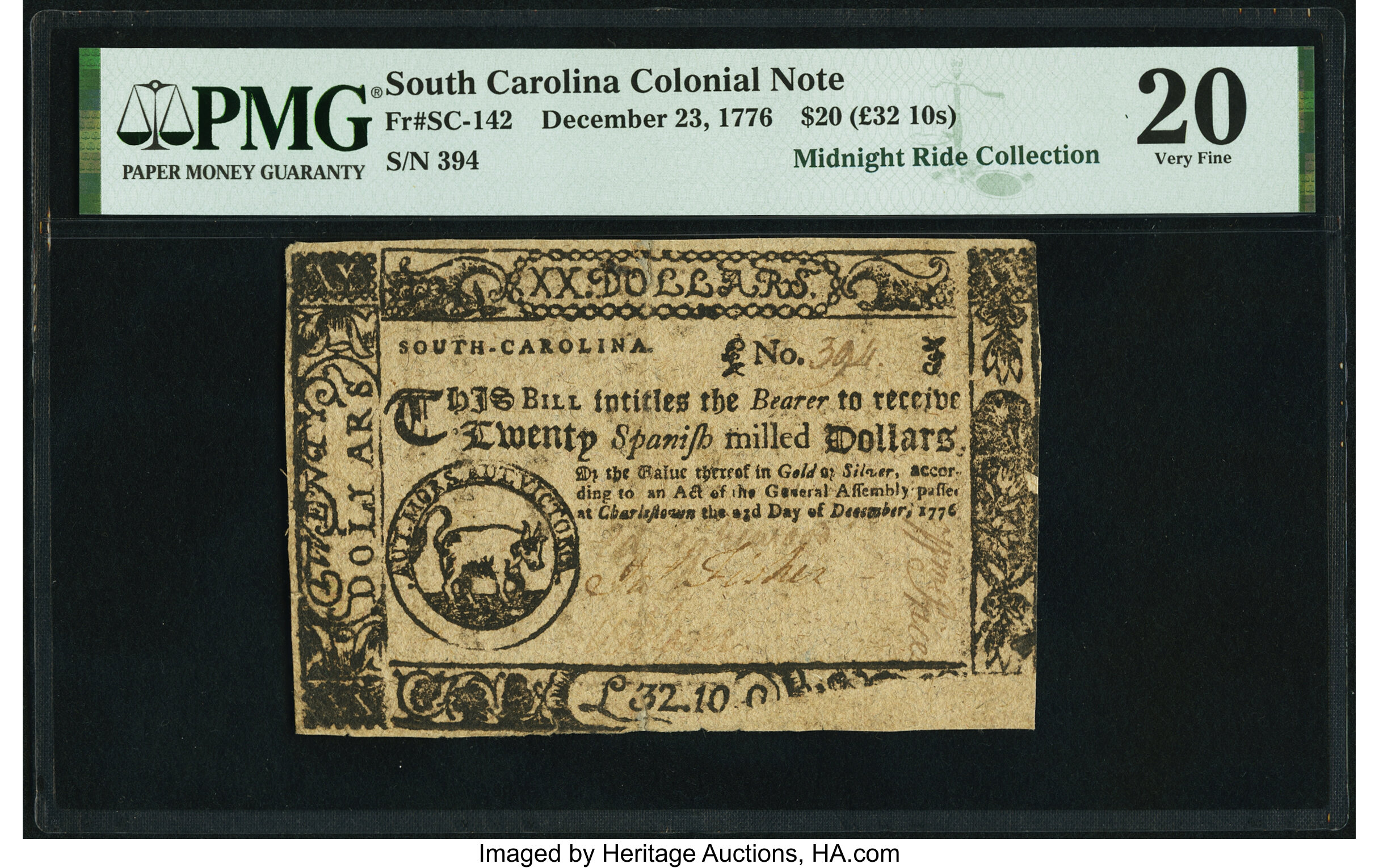 image for: Obstructed Print Error South Carolina December 23, 1776 $20 PMG Very Fine 20....
