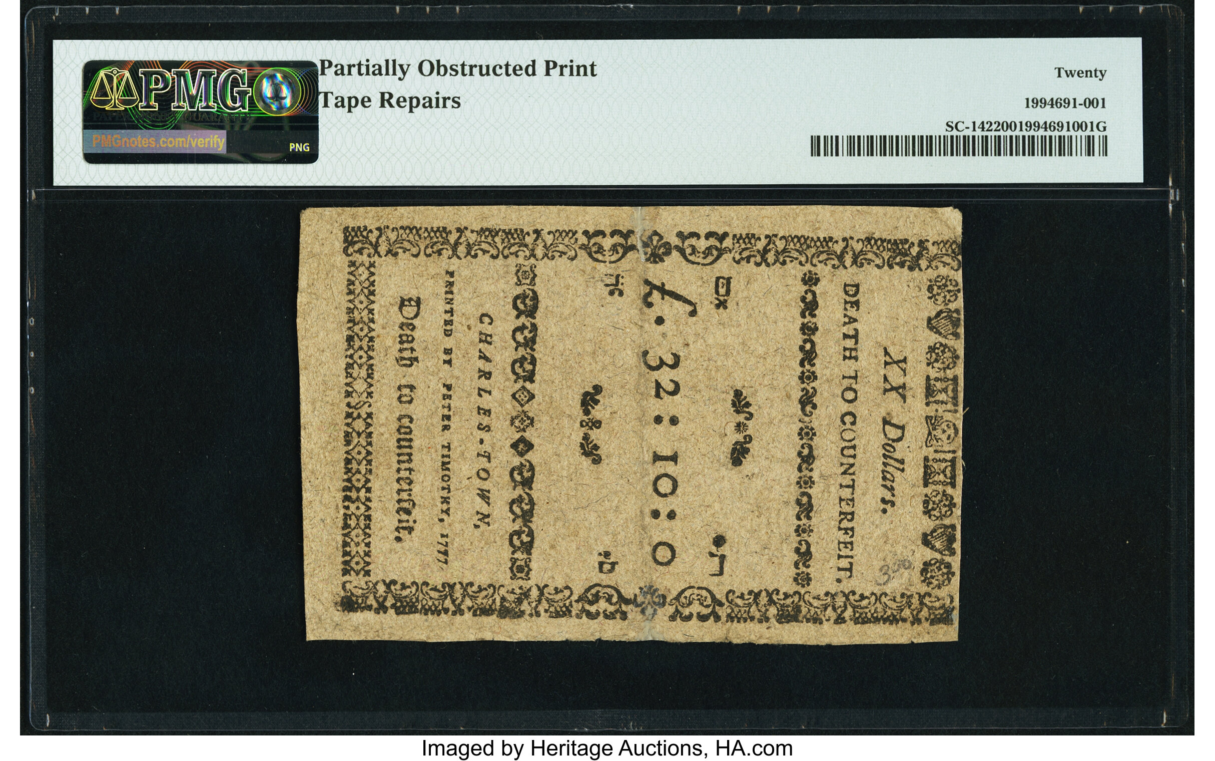 image for: Obstructed Print Error South Carolina December 23, 1776 $20 PMG Very Fine 20....