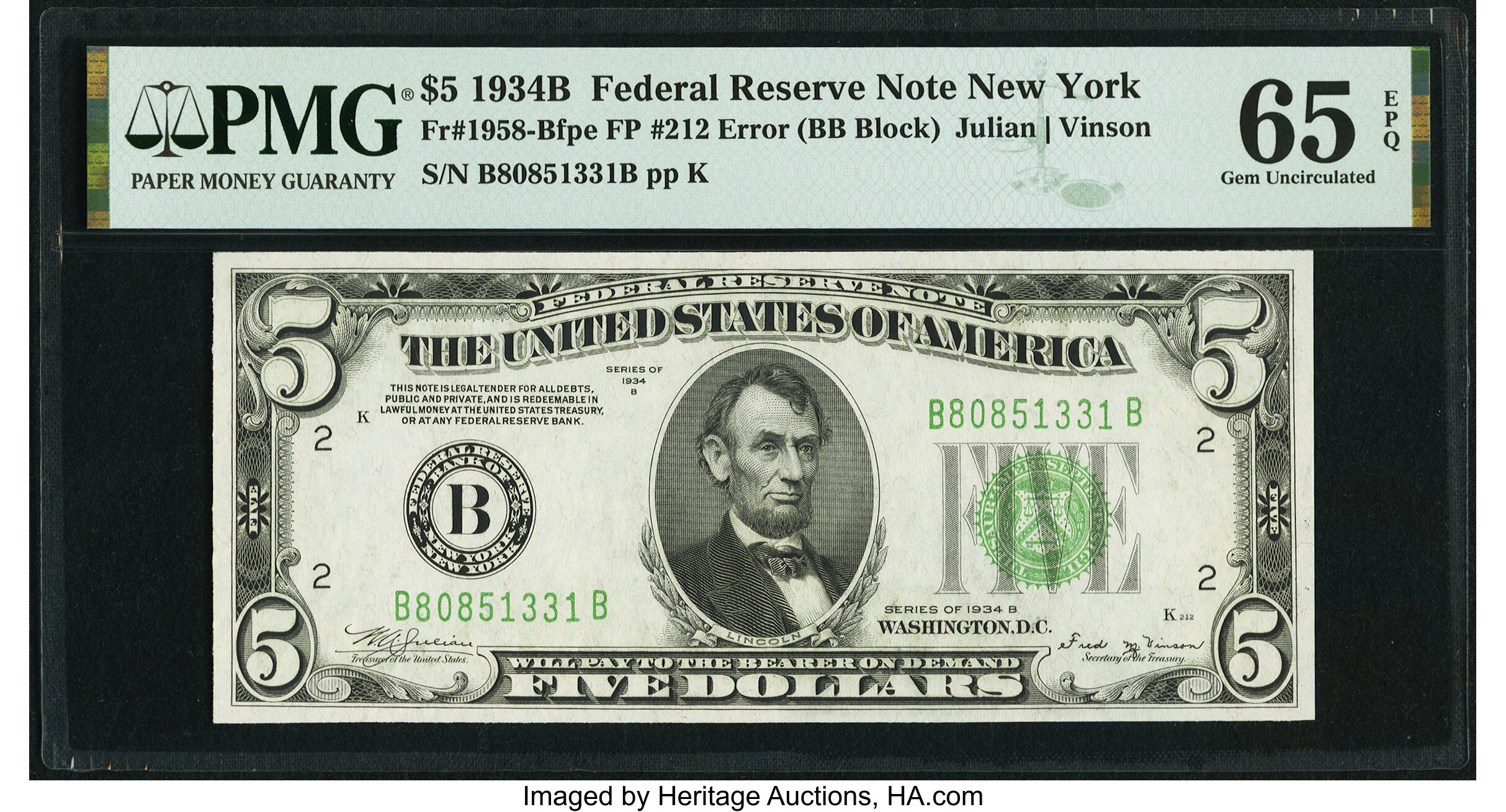 image for: Fr. 1958-B $5 1934B Federal Reserve Note with Face Plate 212. PMG Gem Uncirculated 65 EPQ....