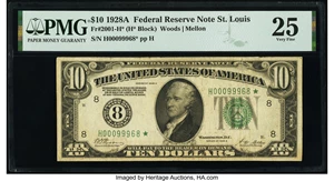 image for: Fr. 2001-H* $10 1928A Federal Reserve Star Note. PMG Very Fine 25....