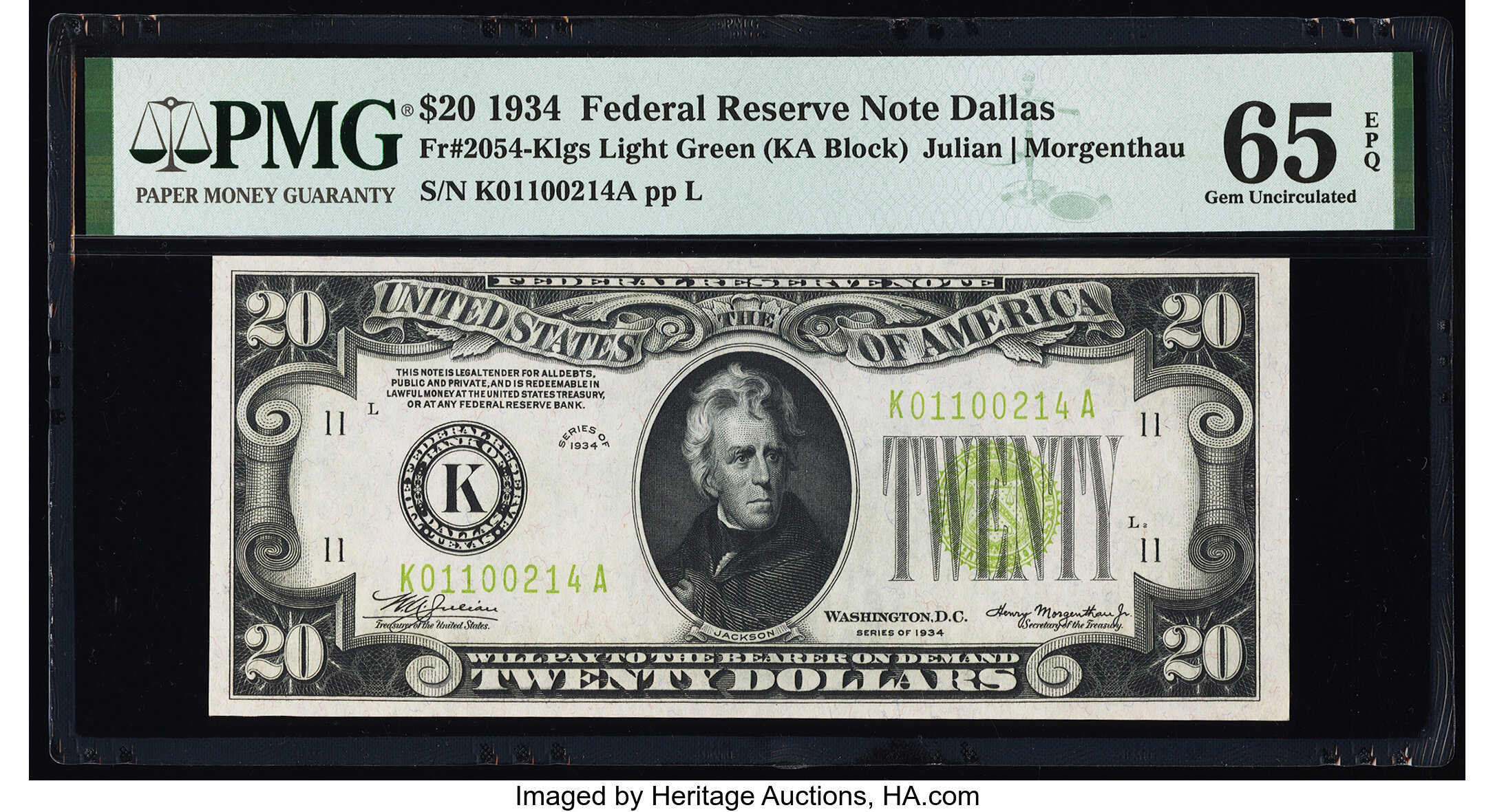 image for: Fr. 2054-K $20 1934 Federal Reserve Note. PMG Gem Uncirculated 65 EPQ....