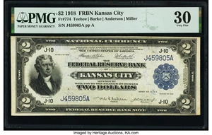 image for: Fr. 774 $2 1918 Federal Reserve Bank Note PMG Very Fine 30....