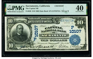 image for: Sacramento, CA - $10 1902 Date Back Fr. 620 The Capital National Bank Ch. # (P)10107 PMG Extremely Fine 40....