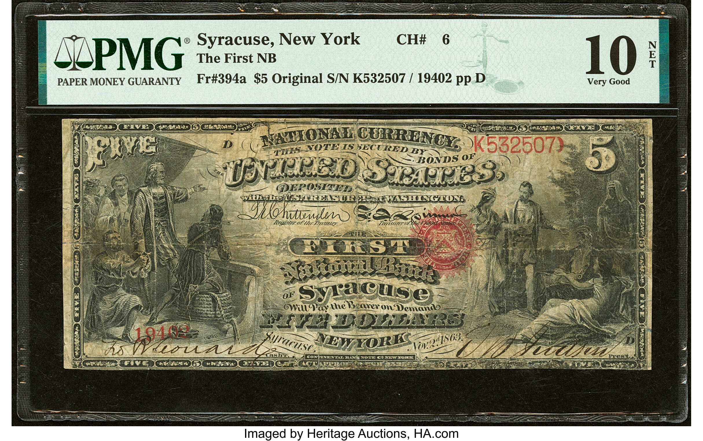 image for: Syracuse, NY - $5 Original Fr. 394a The First National Bank Ch. # 6 PMG Very Good 10 Net....