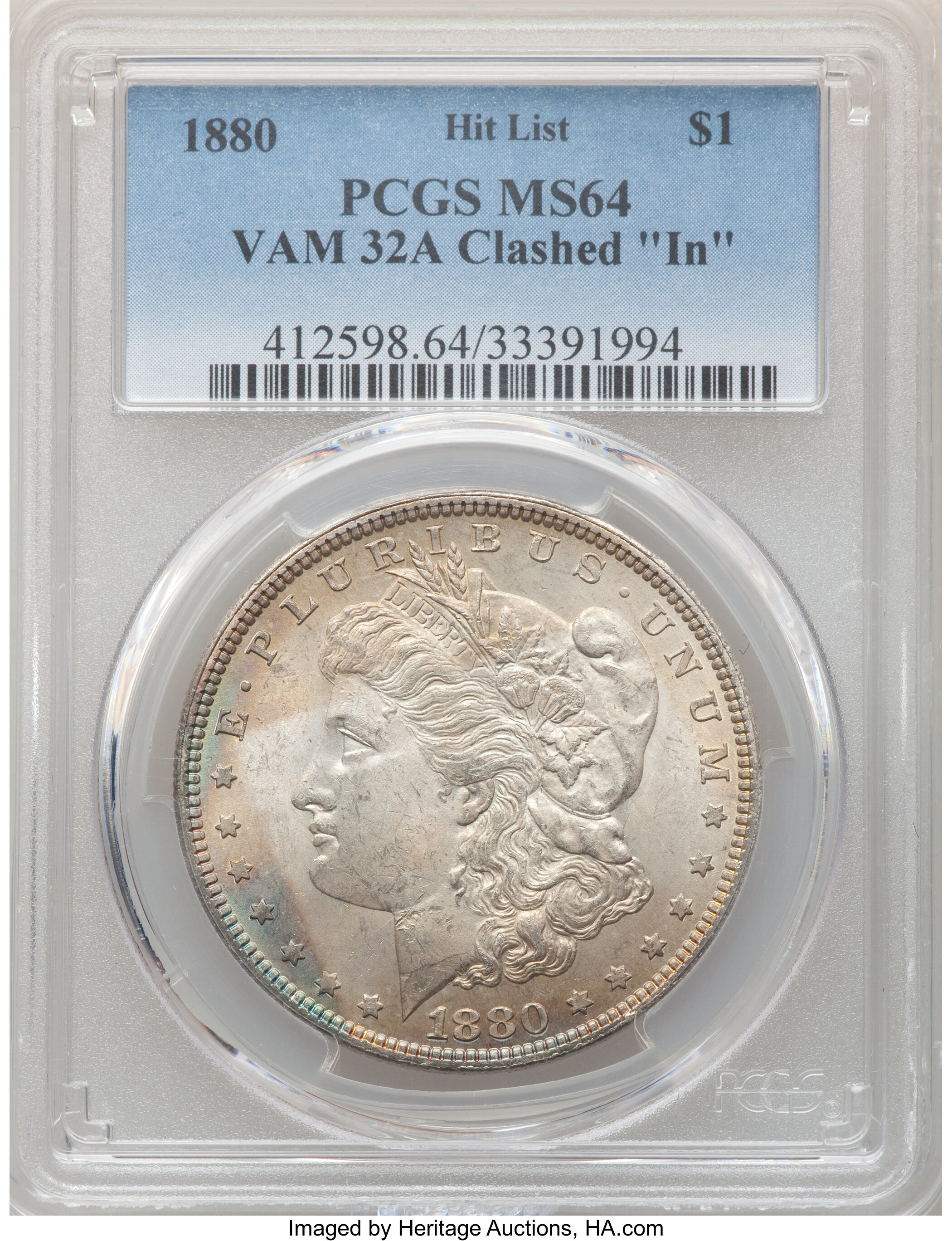 image for: 1880 $1 Clashed "IN," VAM-32A MS64 PCGS. A Hit List Variety. PCGS Population: (22/4). NGC Census: (0/0). MS64. ...