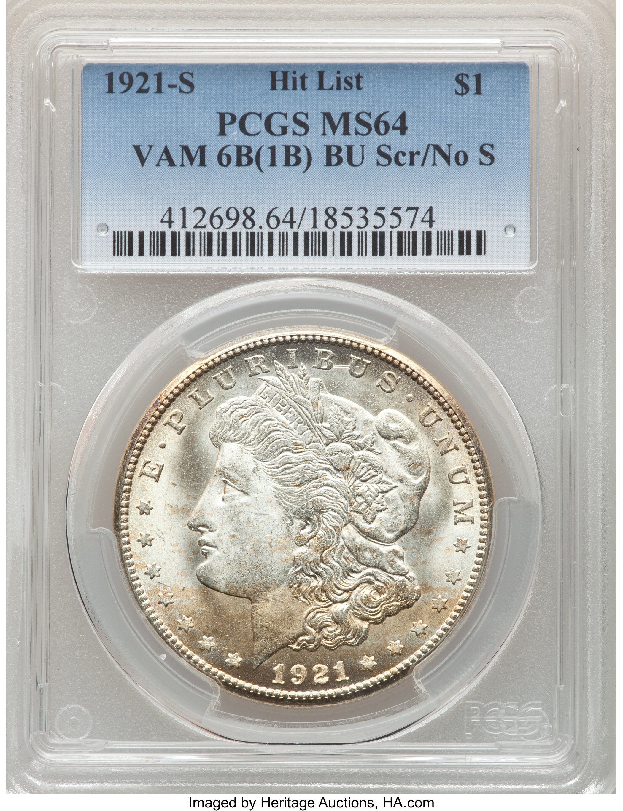 image for: 1921-S $1 BU Die Gouge, No S, VAM-6B(1B), MS64 PCGS. A Hit List Variety. PCGS Population: (3/0). NGC Census: (0/0). MS64....