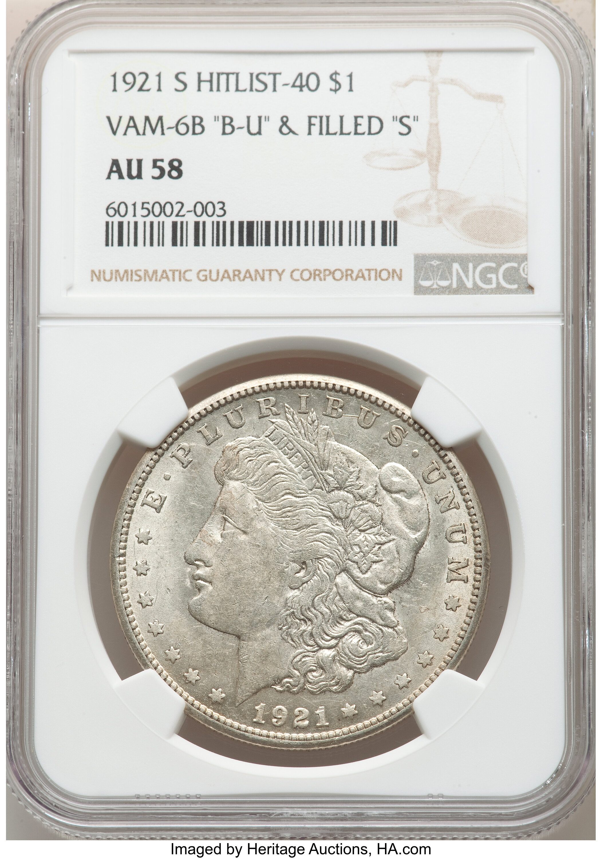 image for: 1921-S $1 BU Die Gouge, No S, VAM-6B, AU58 NGC. A Hitlist 40 Variety. NGC Census: (0/0). PCGS Population: (4/8). AU58. ...