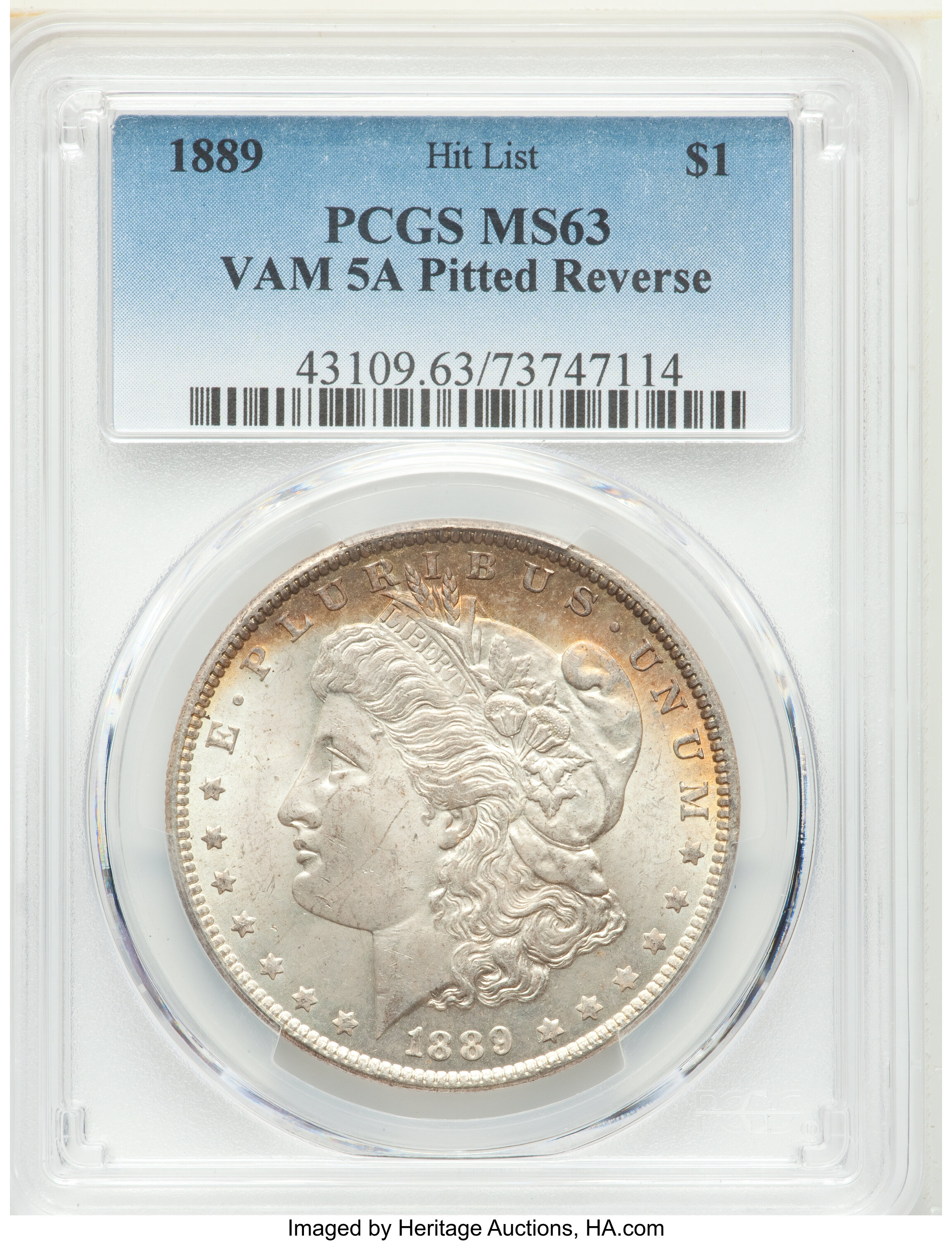 image for: 1889 $1 VAM-5A, Pitted Reverse MS63 PCGS. A Hit List Variety. PCGS Population: (9/13). NGC Census: (0/0). MS63. ...