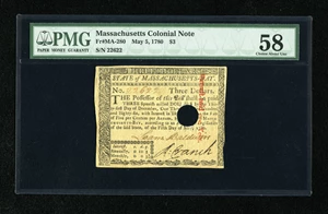 image for: Massachusetts May 5, 1780 $3 PMG Choice About Unc 58 HOC.
