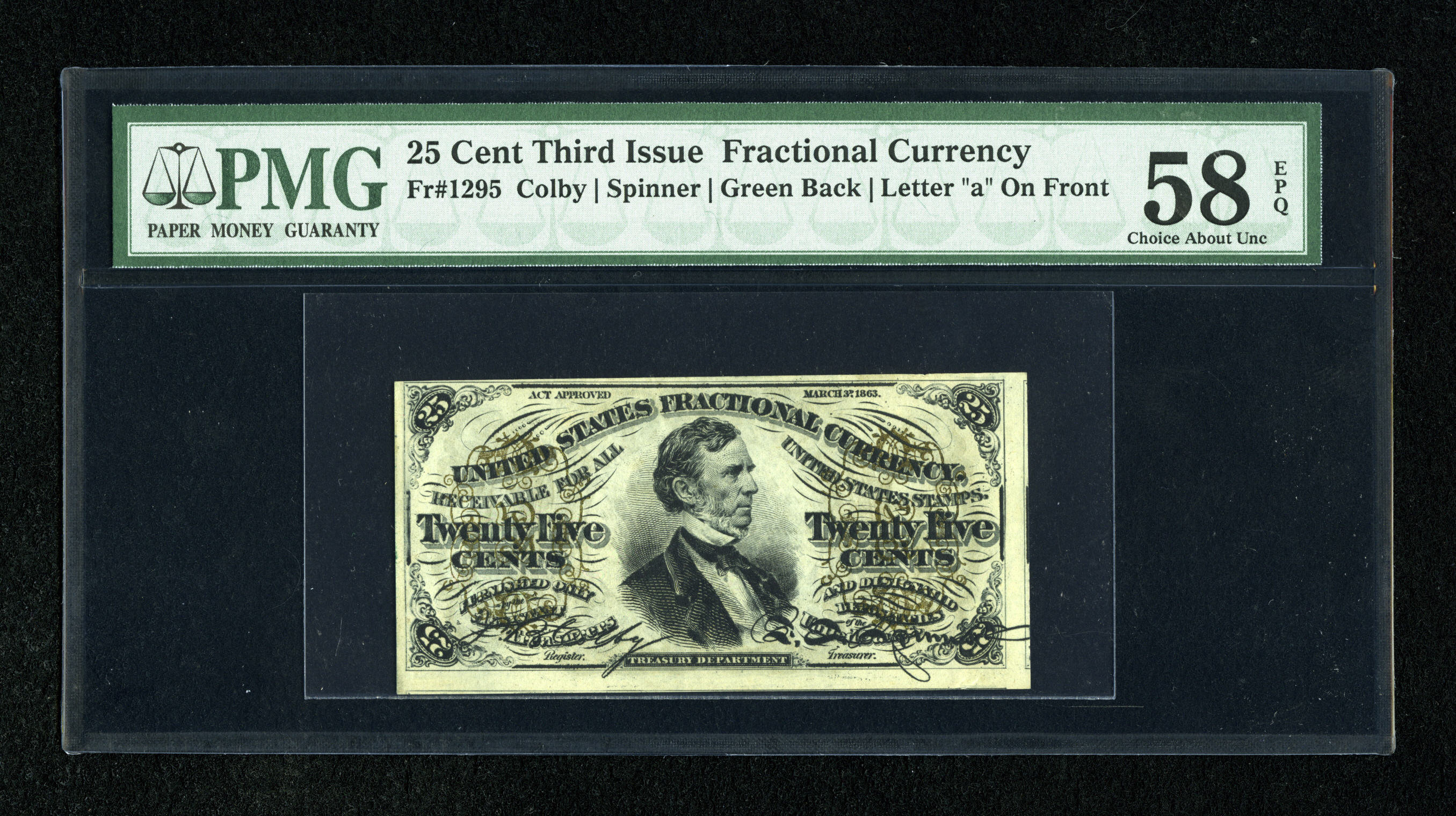 image for: Fr. 1295 25c Third Issue PMG Choice About Unc 58 EPQ. The small "a" sheet position indicator is found on this embossed note....