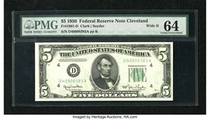 image for: Fr. 1961-D $5 1950 Wide II Federal Reserve Note. PMG Choice Uncirculated 64.This is a broadly margined and utterly origina...