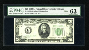 image for: Fr. 2055-G $20 1934A Mule Federal Reserve Note. PMG Choice Uncirculated 63....