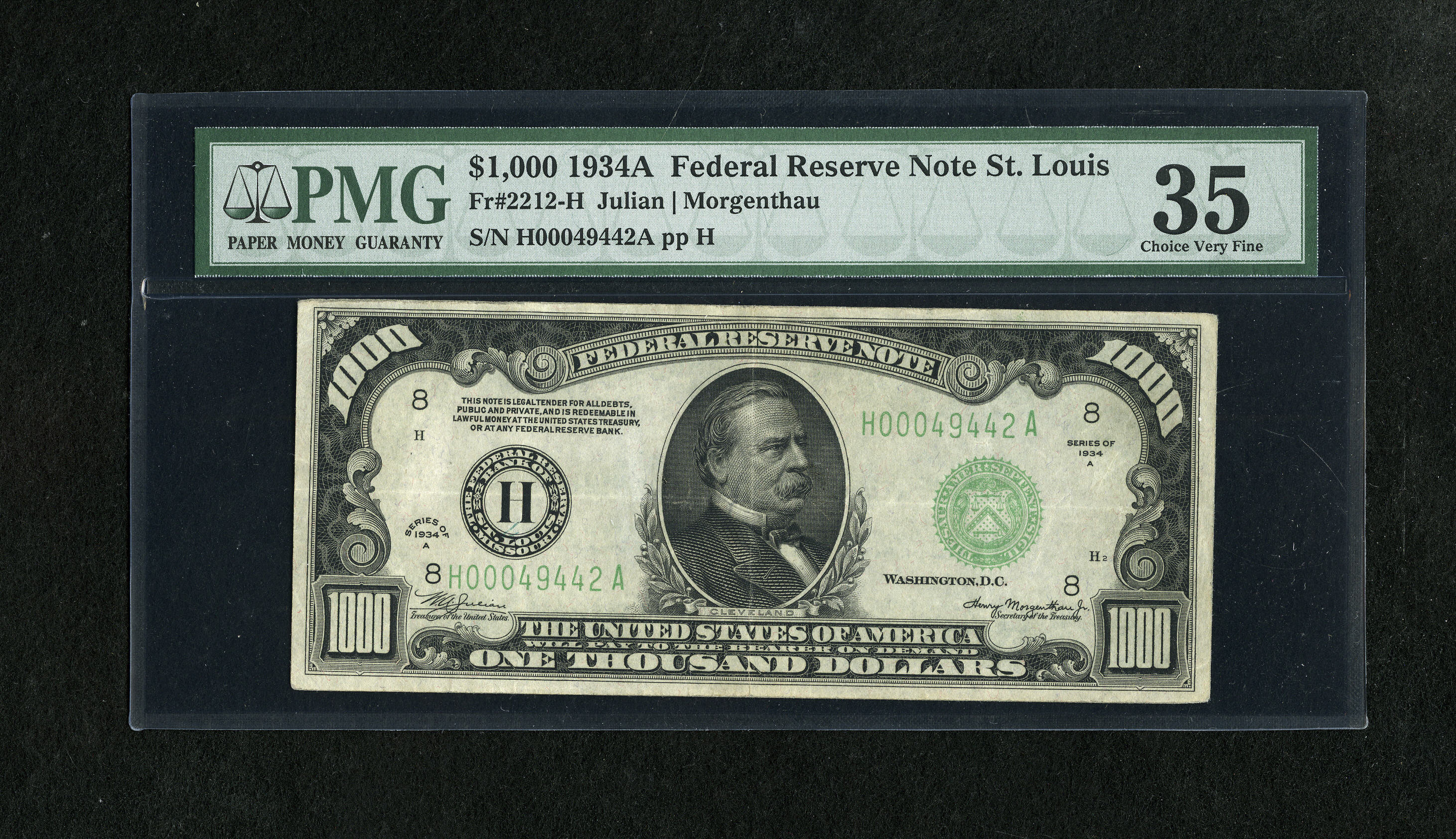 image for: Fr. 2212-H $1000 1934A Federal Reserve Note. PMG Choice Very Fine 35.Serial number embossing is noticed on this evenly han...