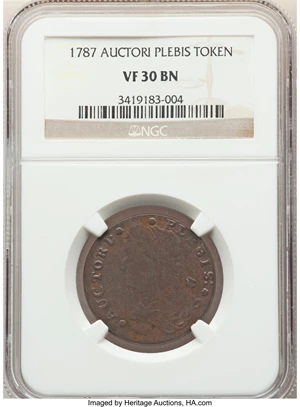 image for: 1787 Token Auctori Plebis Token, Breen-1147, W-8770, R.3, VF30 NGC. NGC Census: (6/29). PCGS Population: (11/76). CDN: $340...