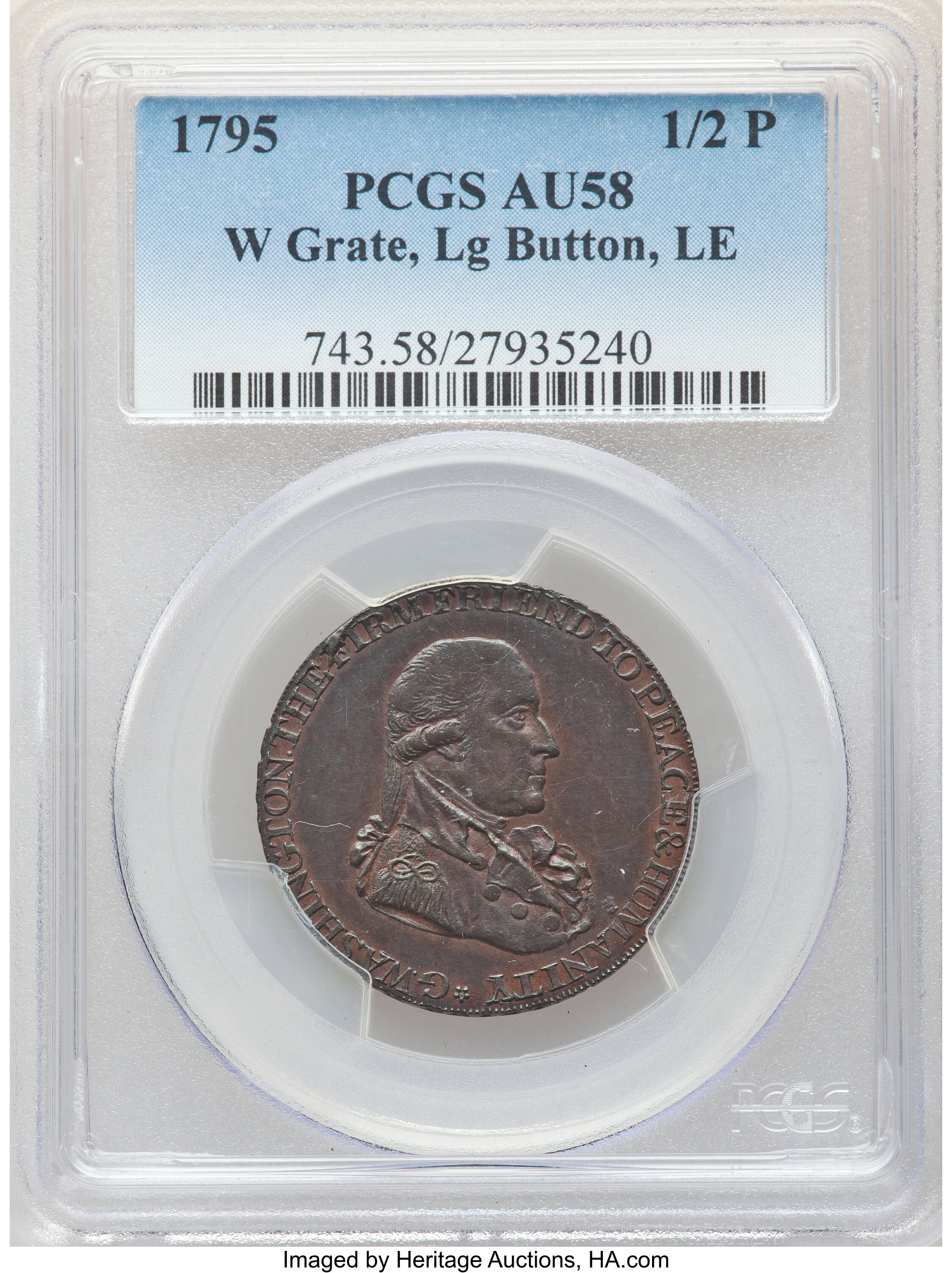 image for: 1795 1/2 P Washington Grate Halfpenny, Large Buttons, Lettered Edge AU58 PCGS. PCGS Population: (4/15). NGC Census: (2/4). ...