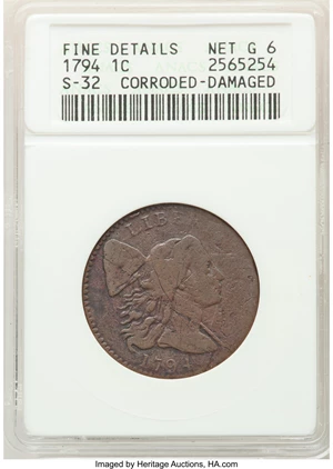 image for: 1794 1C Head of 1794, S-32, B-18, R.2, -- Corroded, Damaged -- ANACS. Fine Details, Net Good 6....