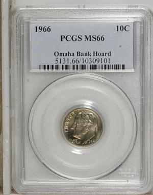 image for: 1966 10C MS66 PCGS. PCGS Population (147/59). NGC Census: (7/7). Mintage: 1,300,000,000. Numismedia Wsl. Price for NGC/PCGS...