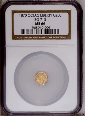 image for: 1870 25C Liberty Octagonal 25 Cents, BG-713, R.4, MS66 NGC. NGC Census: (3/0). PCGS Population (6/1). (#10540)...