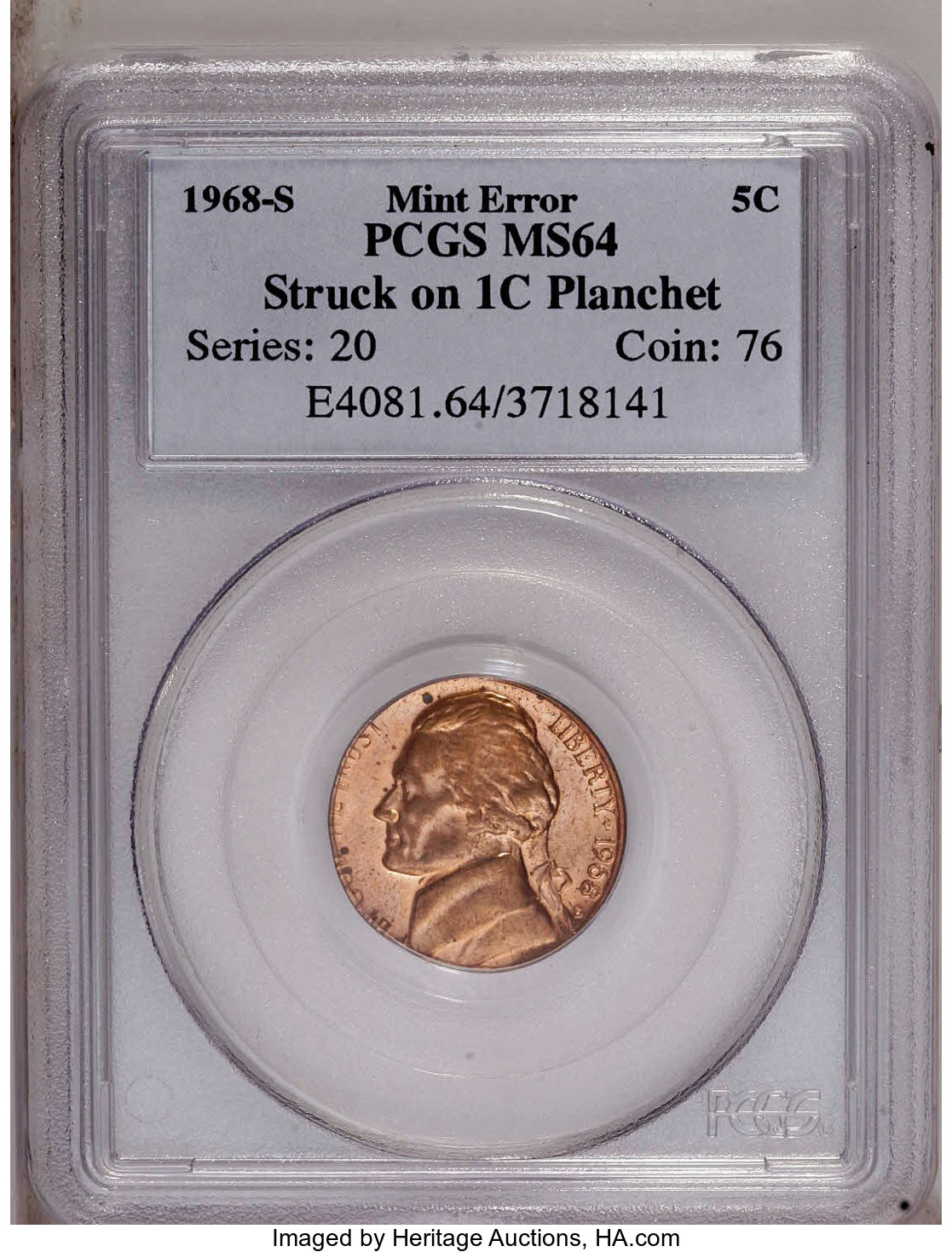 image for: 1968-S 5C Jefferson Nickel--Struck on a Cent Planchet--MS64 PCGS....