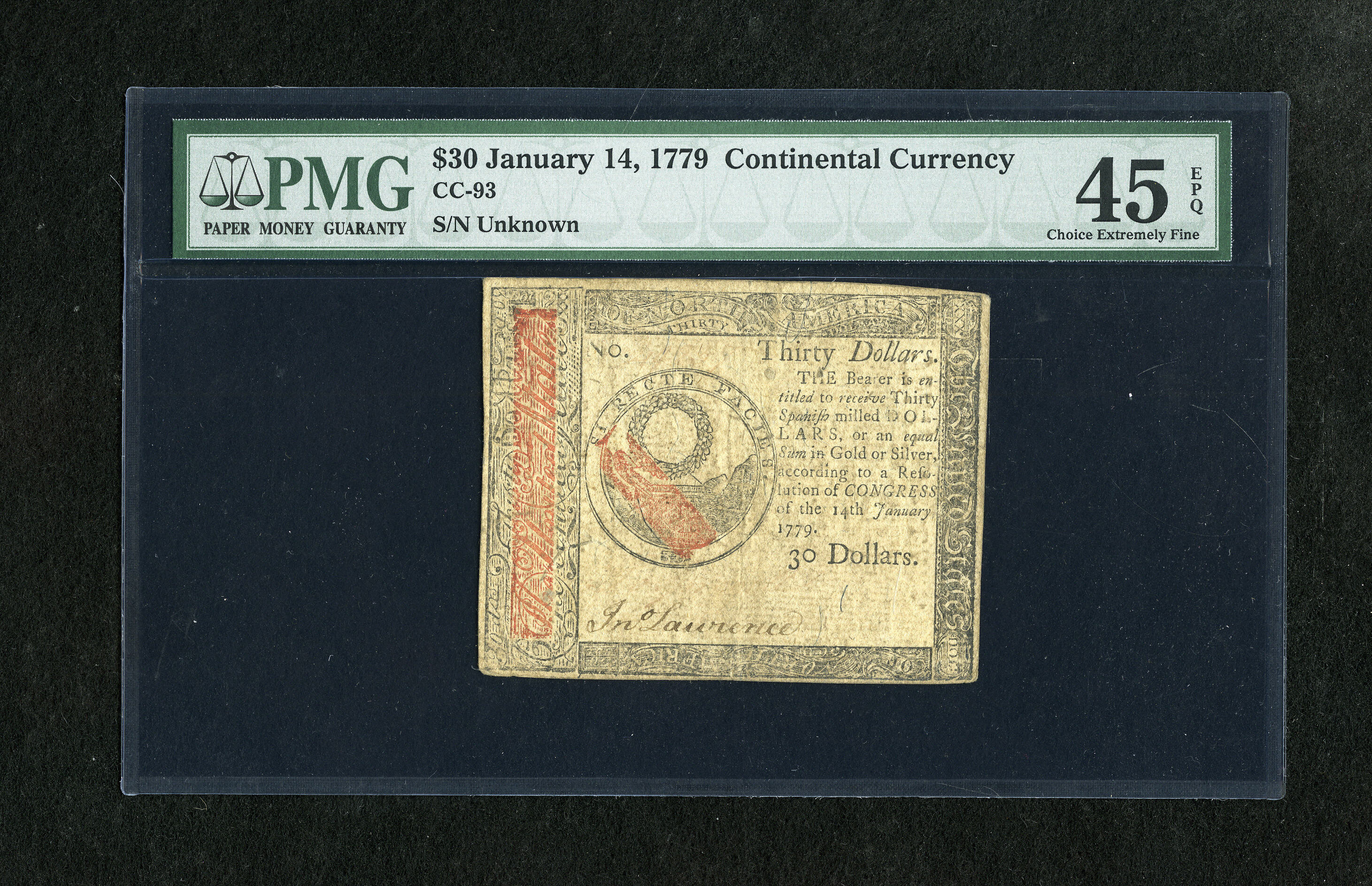 image for: Continental Currency January 14, 1779 $30 PMG Choice Extremely Fine 45 EPQ. This lightly handled example has had its serial ...