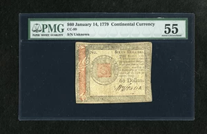 image for: Continental Currency January 14, 1779 $60 PMG About Uncirculated 55. This note barely circulated and its serial number has f...