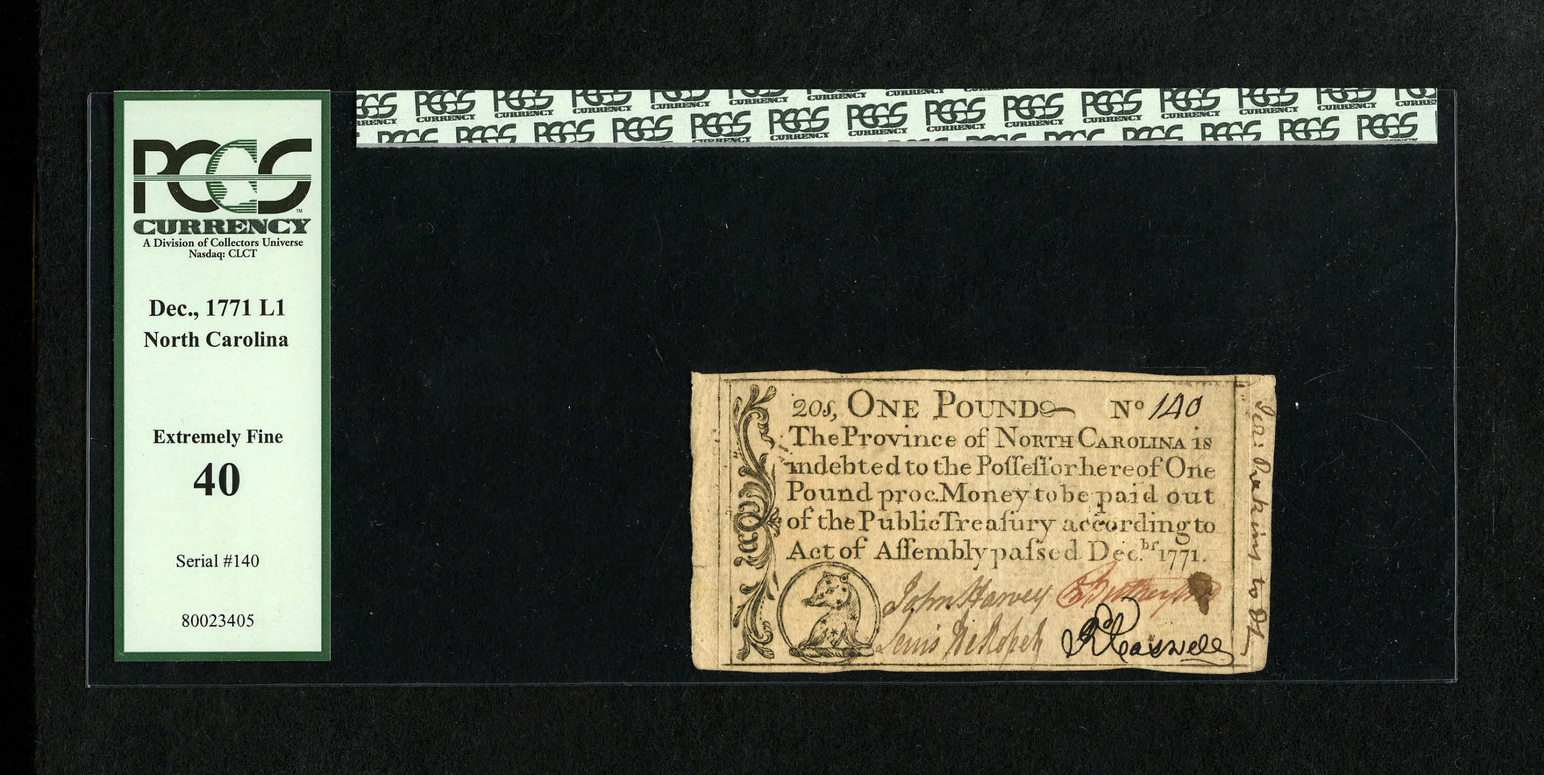 image for: North Carolina December, 1771 £1 PCGS Extremely Fine 40. Bold signatures are found on this note that has many endorsement s...