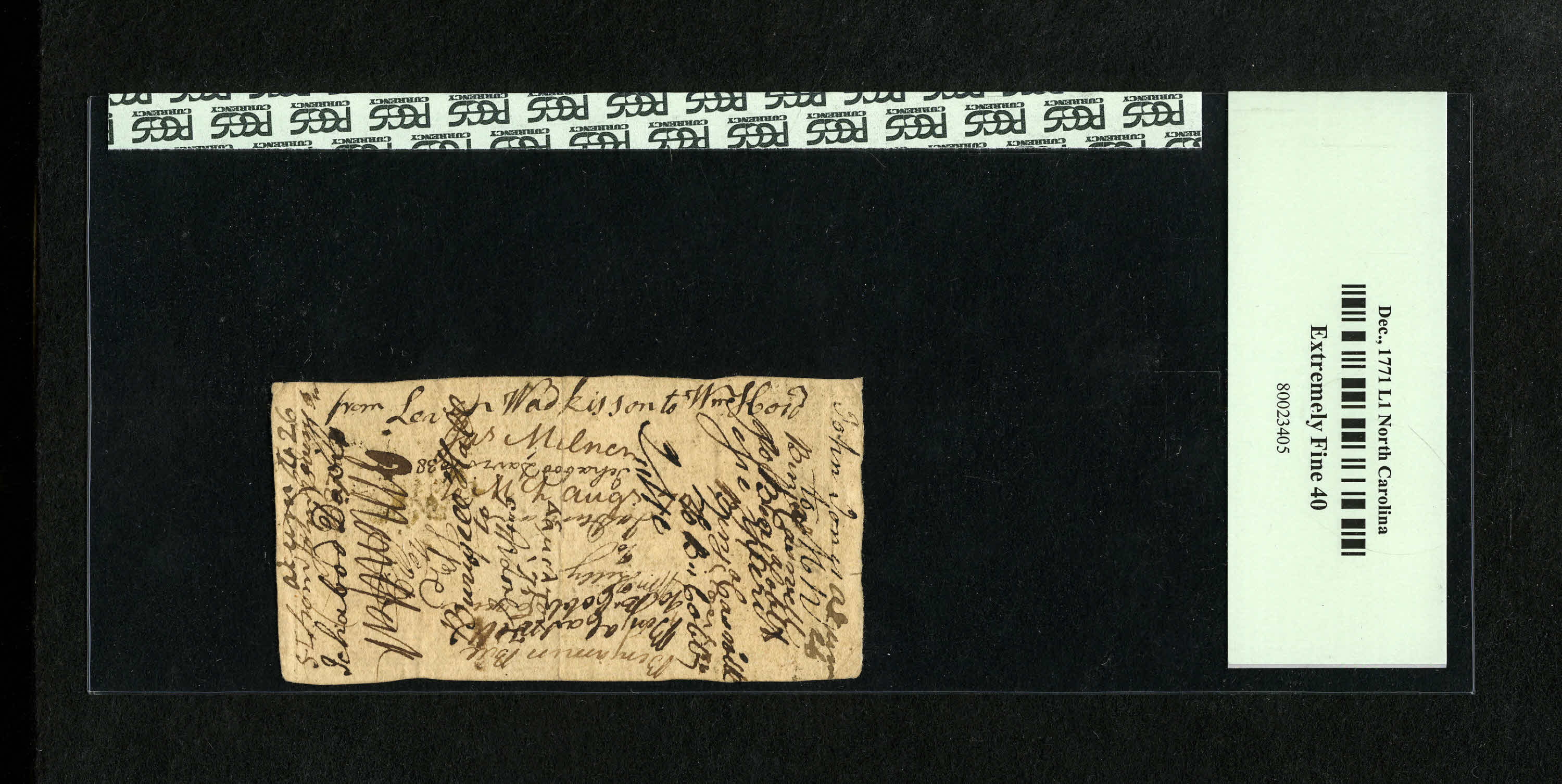 image for: North Carolina December, 1771 £1 PCGS Extremely Fine 40. Bold signatures are found on this note that has many endorsement s...