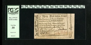 image for: North Carolina December, 1771 £5 PCGS Very Fine 35. This note was printed a little askew....