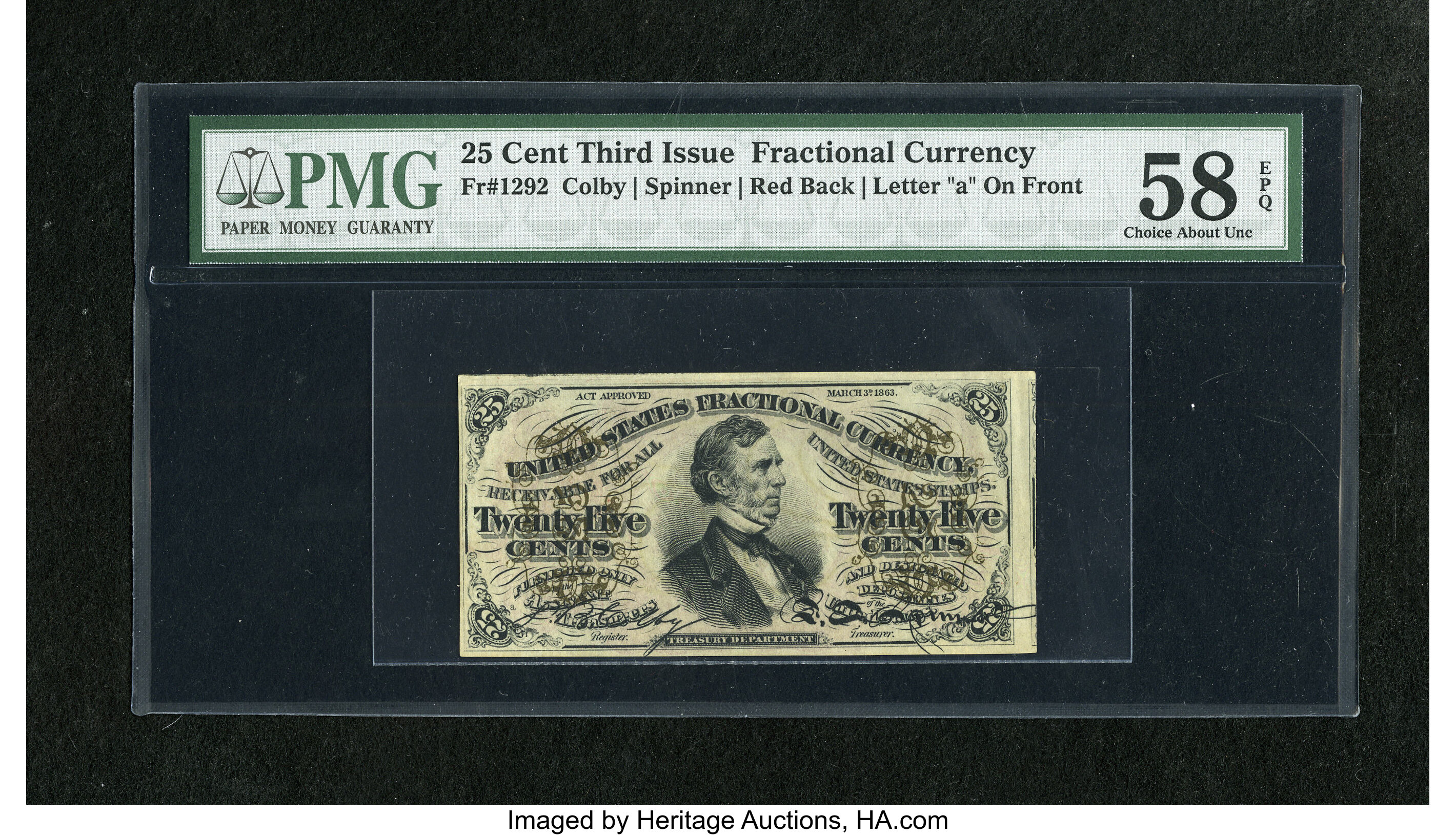 image for: Fr. 1292 25c Third Issue PMG Choice About Unc 58 EPQ. The corner counters show embossing on this "Exceptional Paper Quality"...