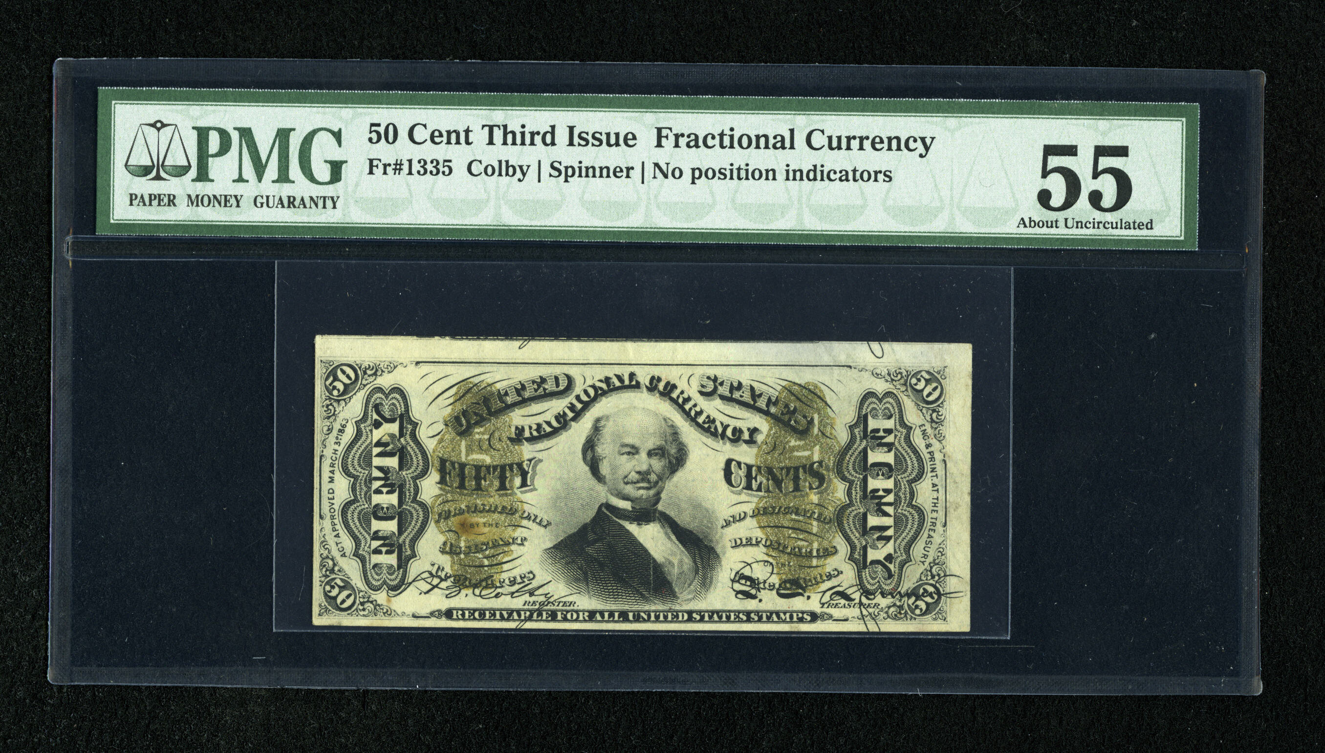 image for: Fr. 1335 50c Third Issue Spinner PMG About Uncirculated 55. Broad margins are noted on two sides, though all four are solid....