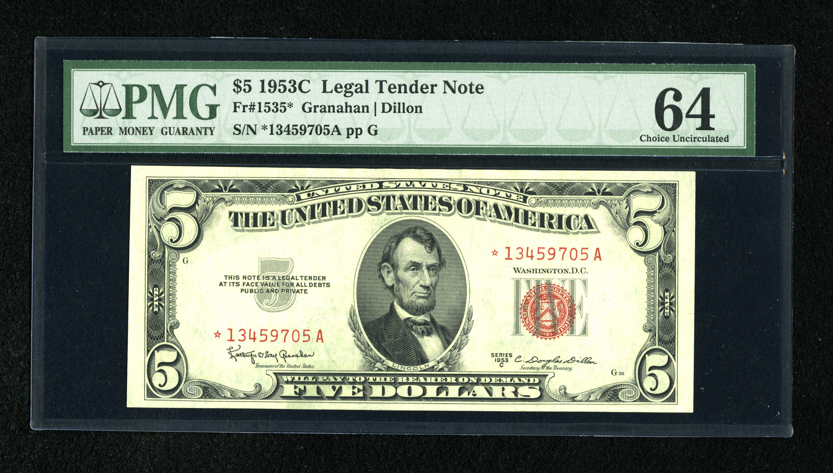 image for: Fr. 1535* $5 1953C Legal Tender Note. PMG Choice Uncirculated 64.A pleasing example of this scarce star. The margins are s...