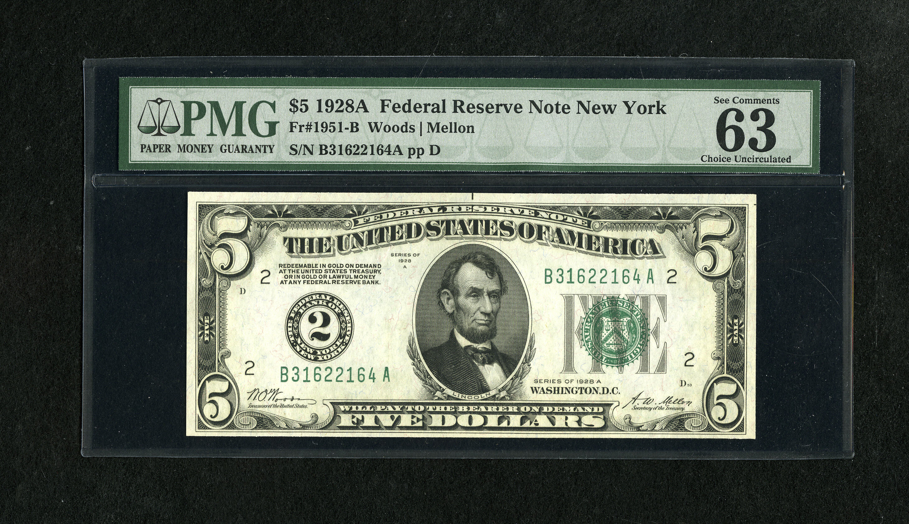 image for: Fr. 1951-B $5 1928A Federal Reserve Note. PMG Choice Uncirculated 63 EPQ.Natural paper surfaces are seen through the third...