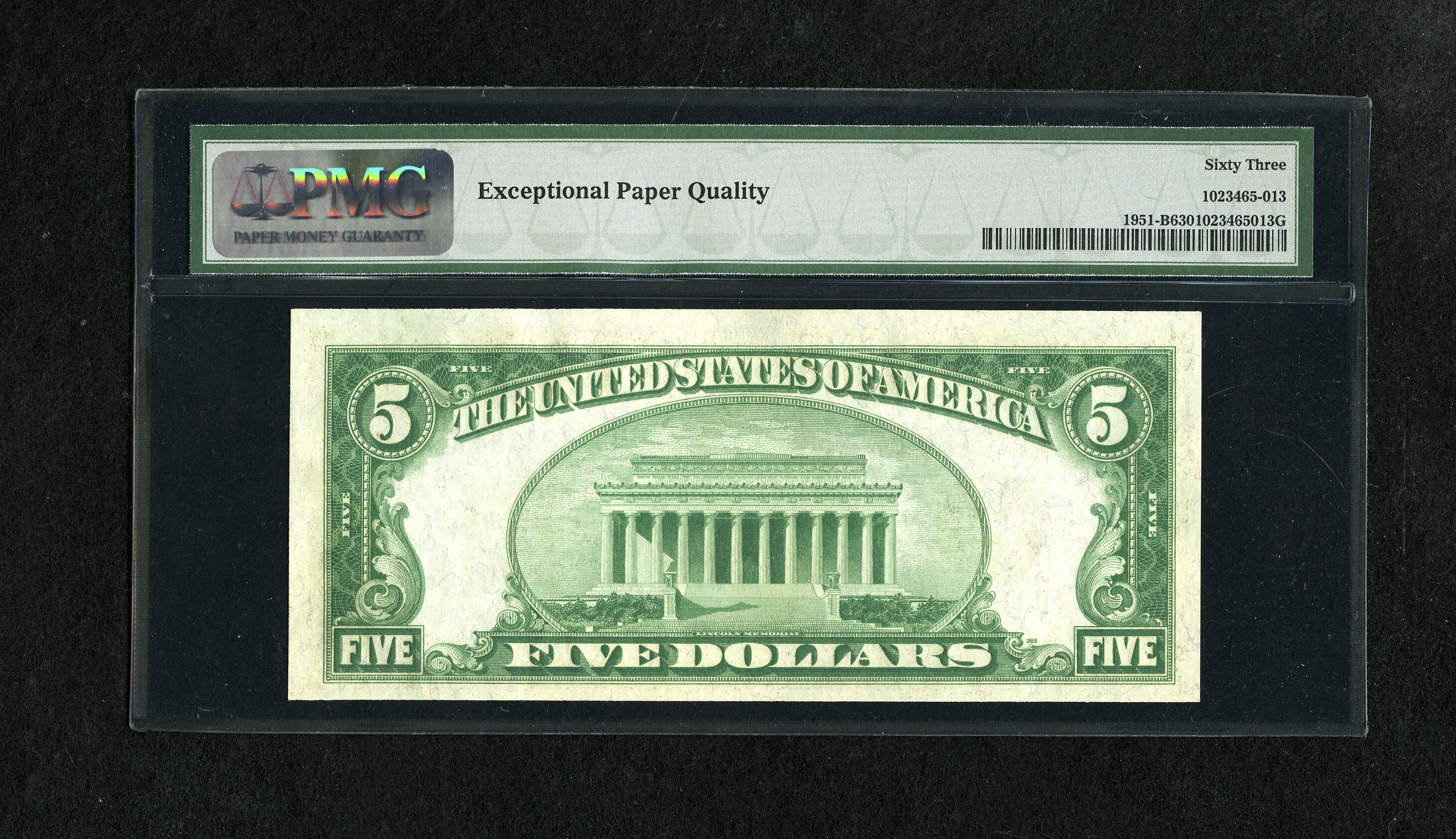 image for: Fr. 1951-B $5 1928A Federal Reserve Note. PMG Choice Uncirculated 63 EPQ.Natural paper surfaces are seen through the third...