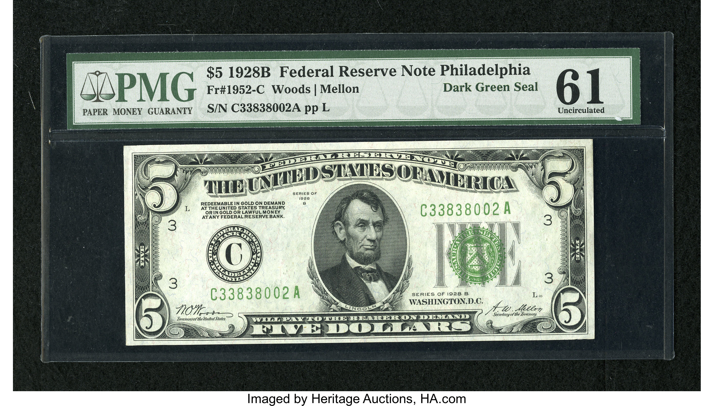 image for: Fr. 1952-C $5 1928B DGS Federal Reserve Note. PMG Uncirculated 61.A lovely dark green seal note that has great color and p...