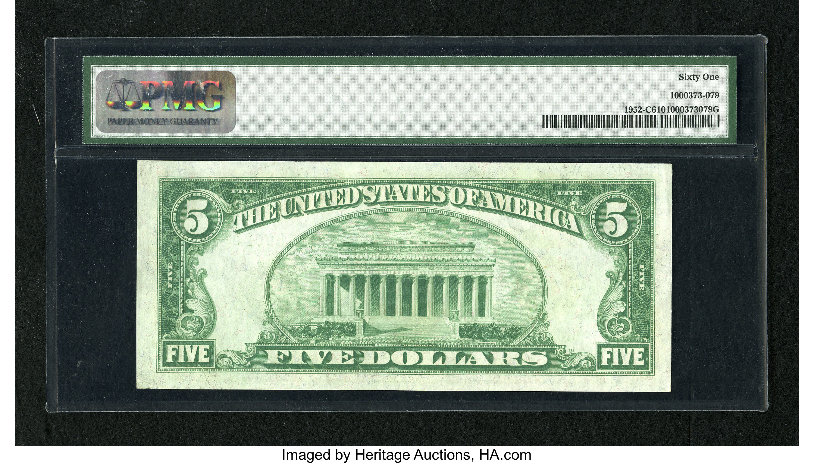 image for: Fr. 1952-C $5 1928B DGS Federal Reserve Note. PMG Uncirculated 61.A lovely dark green seal note that has great color and p...