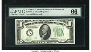 image for: Fr. 2006-A $10 1934A Federal Reserve Note. PMG Gem Uncirculated 66.An exceptionally well embossed example from this early ...