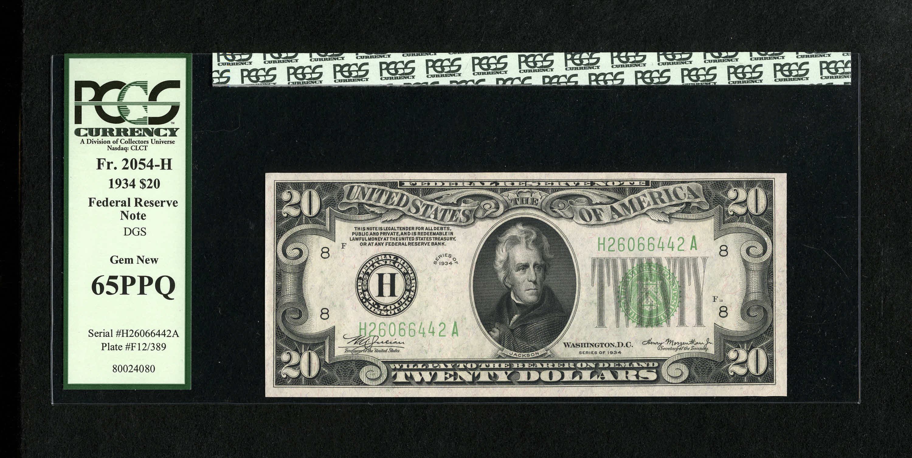 image for: Fr. 2054-H $20 1934 Federal Reserve Note. PCGS Gem New 65PPQ.This $20 has bold embossing....