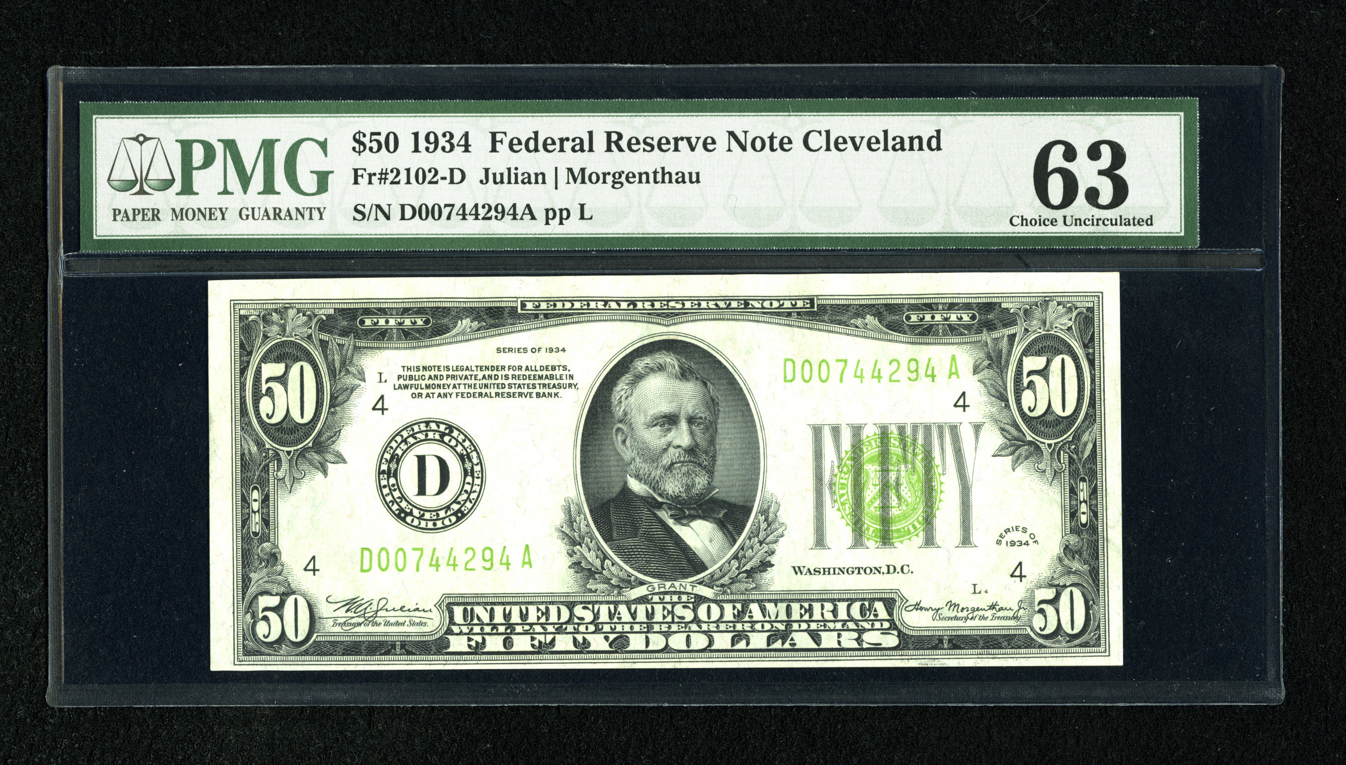 image for: Fr. 2102-D* $50 1934 DGS Federal Reserve Note. PMG Choice Uncirculated 63.A pleasing and bright example of this DGS issue ...