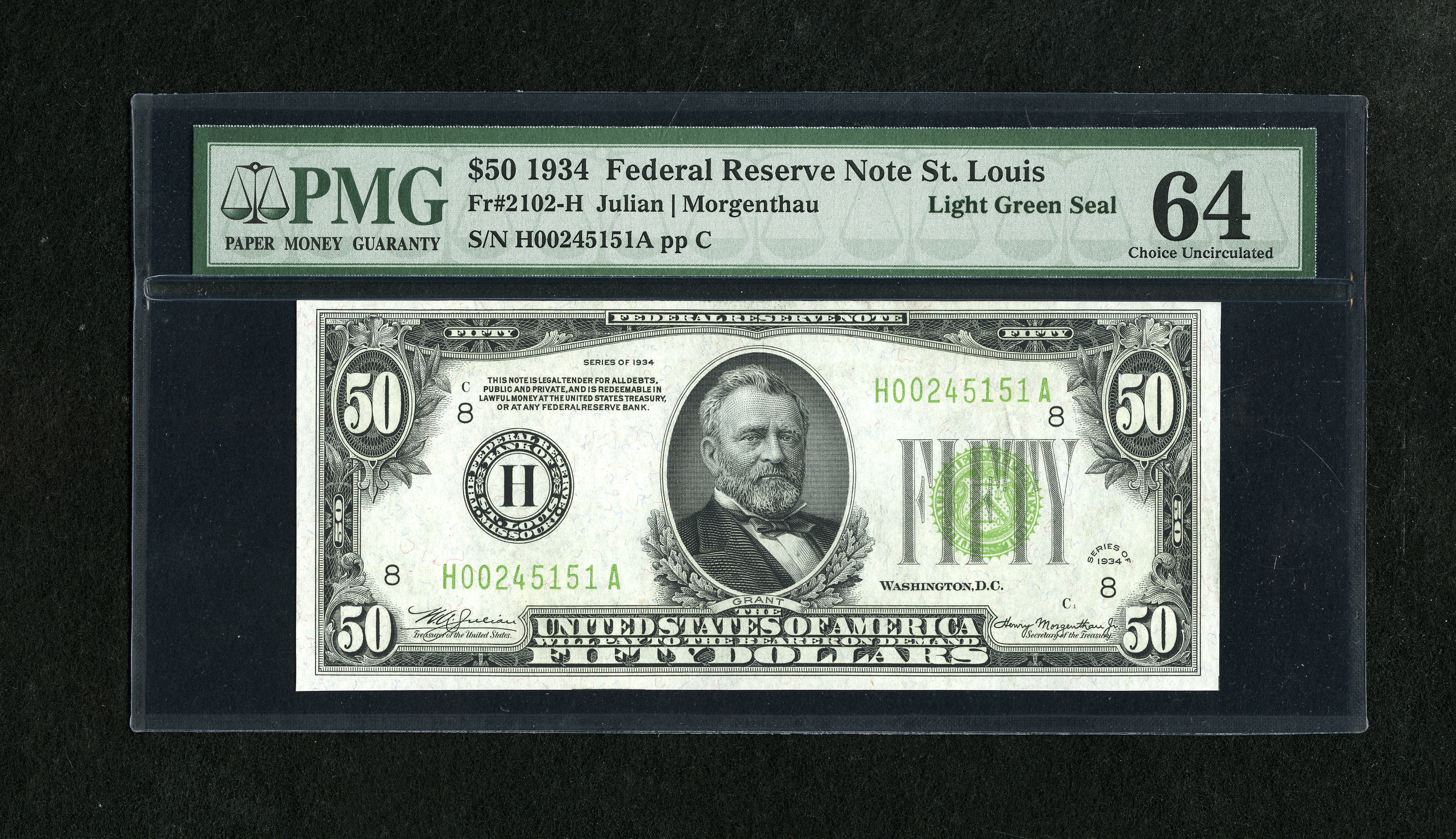 image for: Fr. 2102-H $50 1934 Light Green Seal Federal Reserve Note. PMG Choice Uncirculated 64.The top margin needs to be a little ...