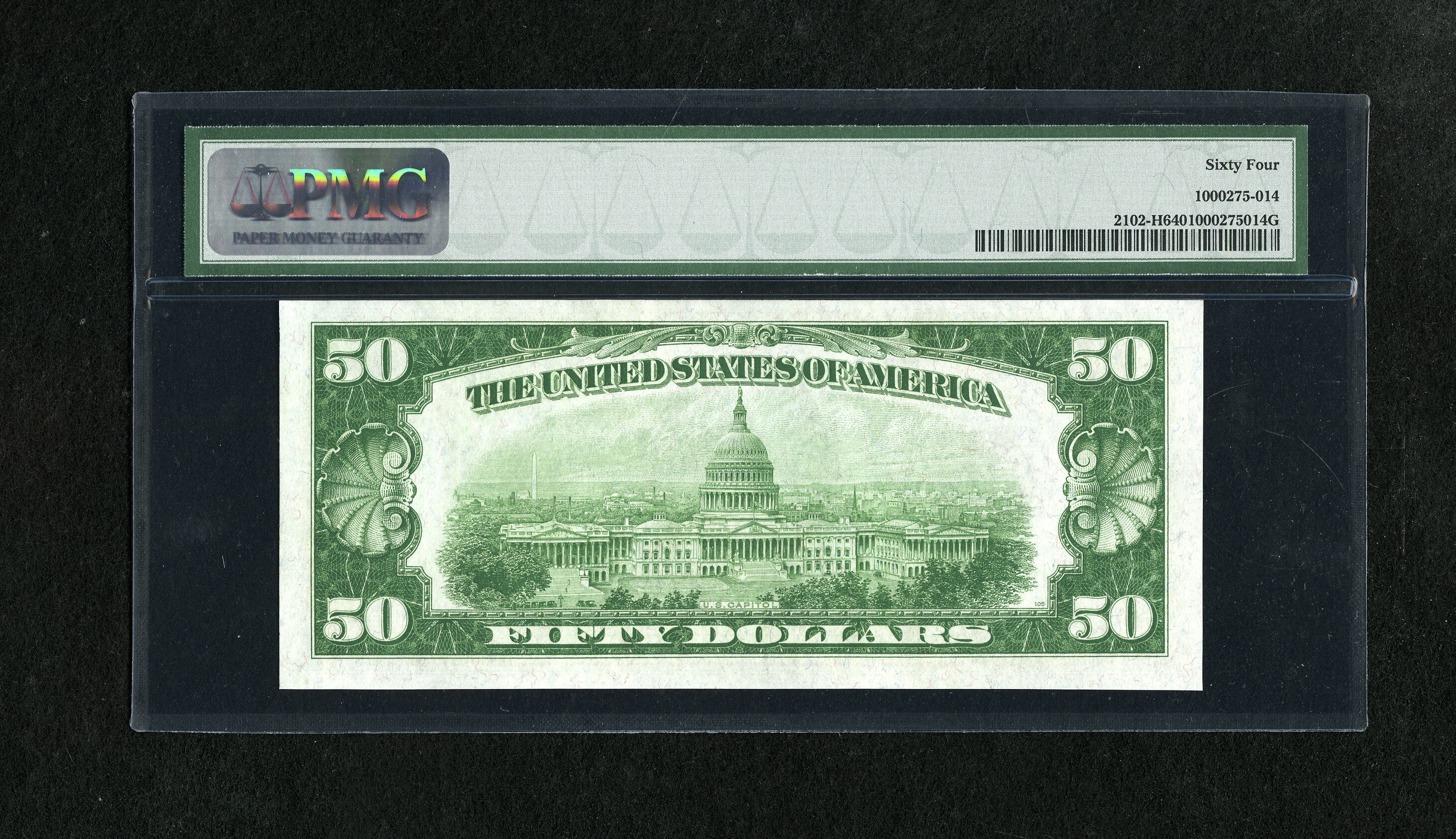image for: Fr. 2102-H $50 1934 Light Green Seal Federal Reserve Note. PMG Choice Uncirculated 64.The top margin needs to be a little ...