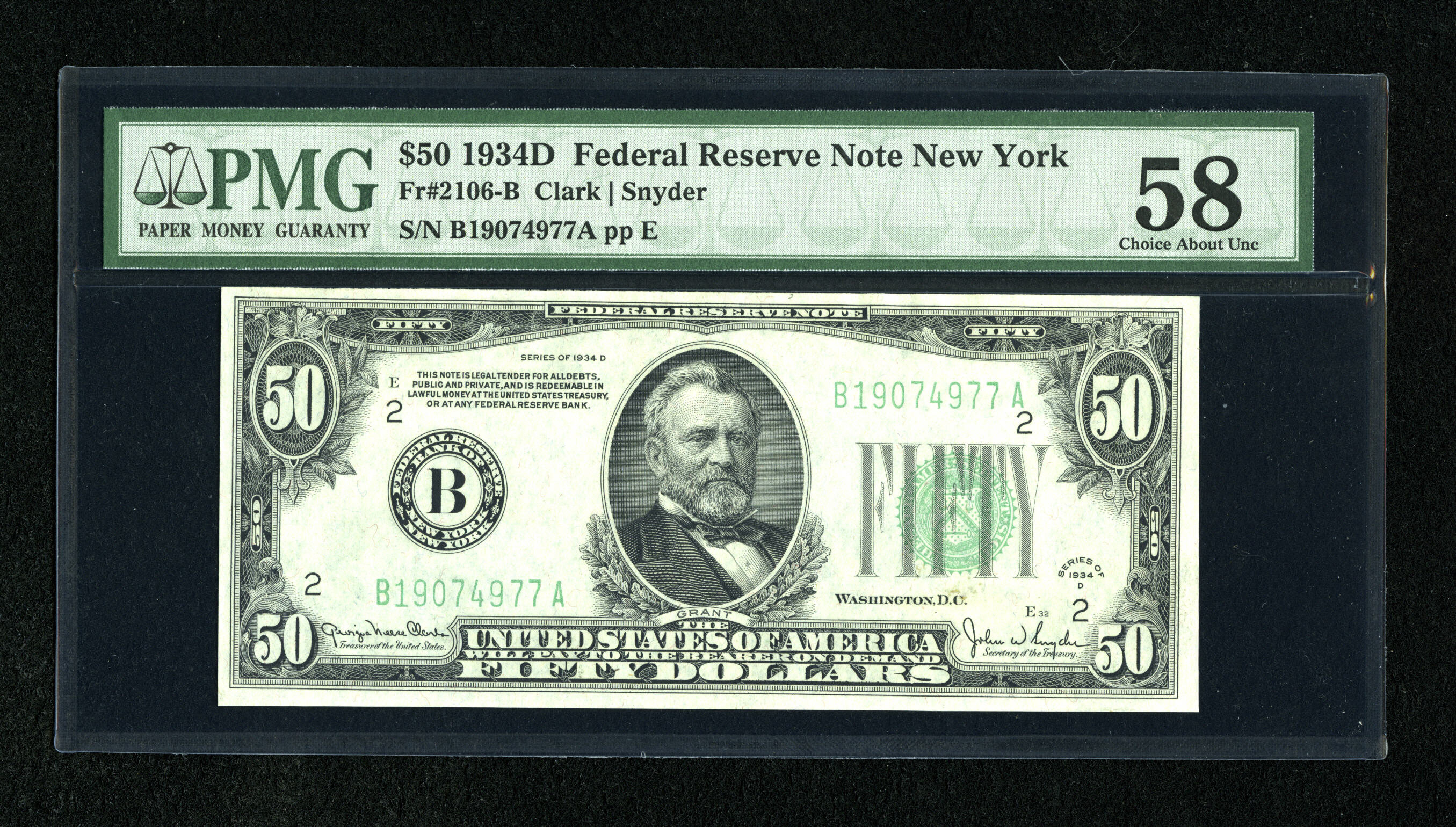 image for: Fr. 2106-B $50 1934D Federal Reserve Note. PMG Choice About Unc 58....