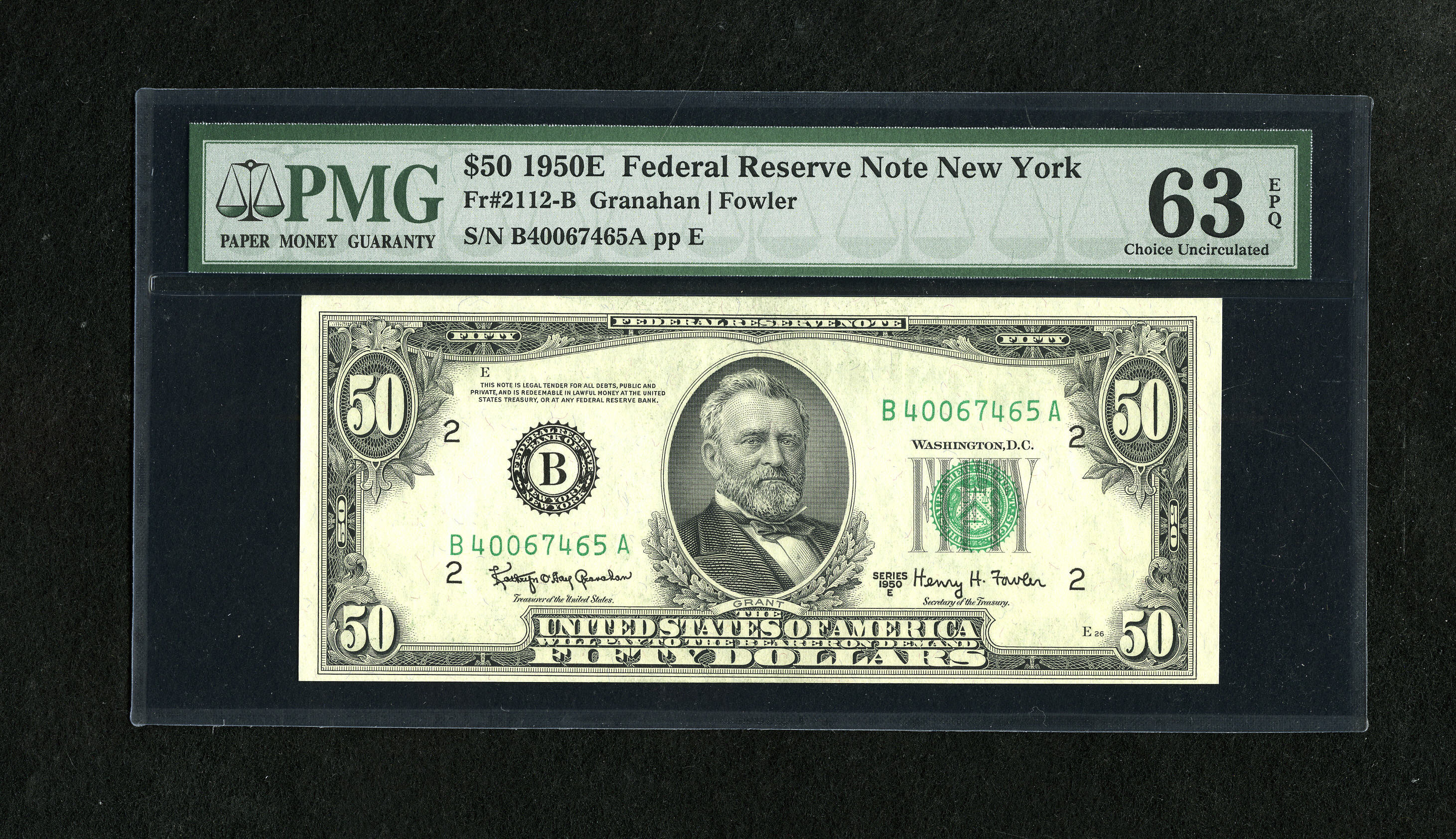image for: Fr. 2112-B $50 1950E Federal Reserve Note. PMG Choice Uncirculated 63 EPQ.This embossed note has one slender margin. Only ...