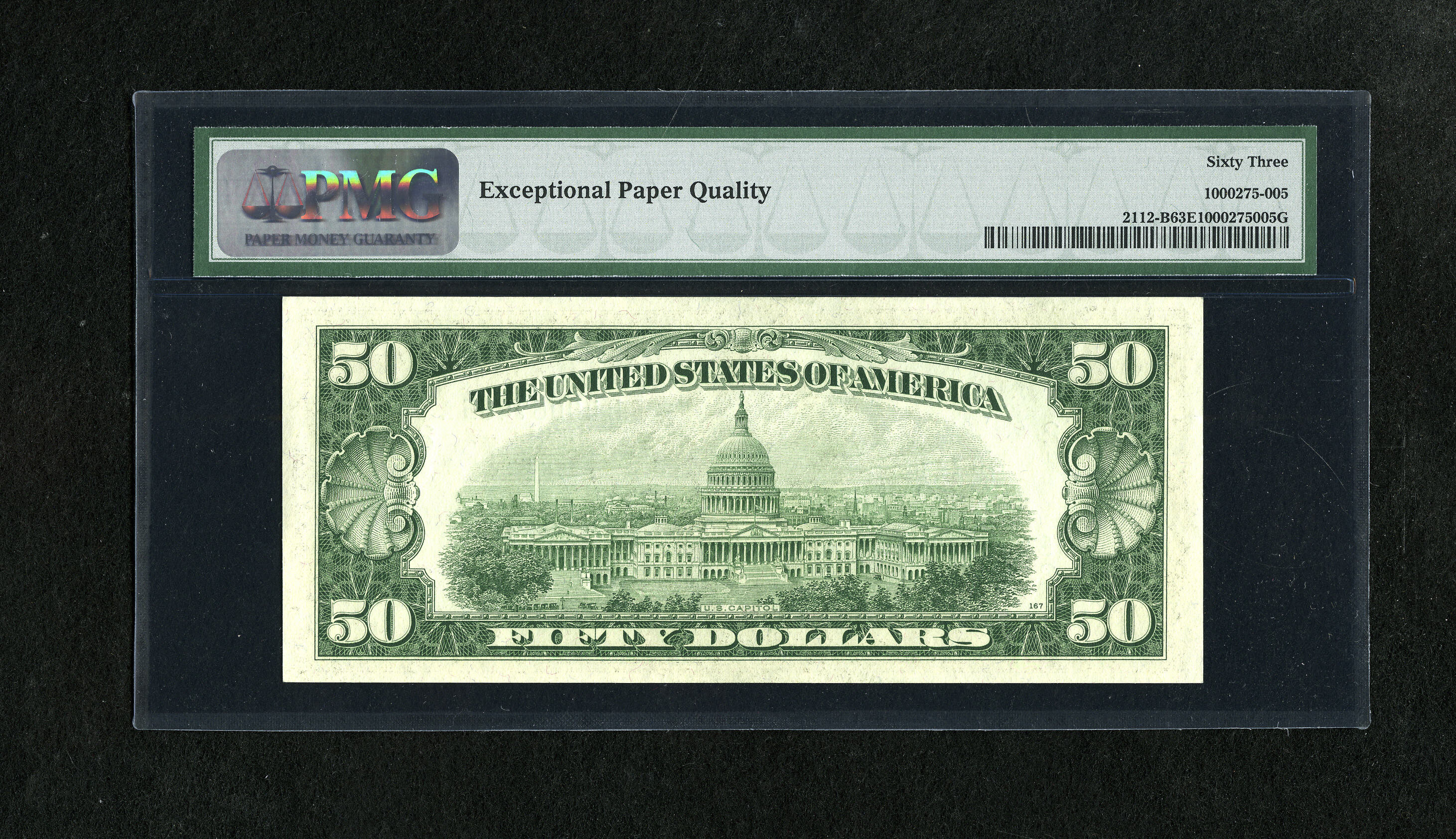 image for: Fr. 2112-B $50 1950E Federal Reserve Note. PMG Choice Uncirculated 63 EPQ.This embossed note has one slender margin. Only ...