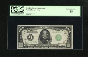 image for: Fr. 2212-J $1000 1934A Federal Reserve Note. PCGS Choice About New 58.The Treasury Seal shows signs of wanting to punch th...