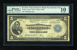 image for: Fr. 804 $5 1918 Federal Reserve Bank Note PMG Very Good 10. This KC Five has a spindle hole at top right, along with fraying...