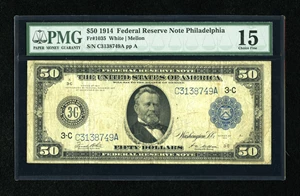 image for: Fr. 1035 $50 1914 Federal Reserve Note PMG Choice Fine 15. Nice edges for the grade are observed on this Philly $50 that has...