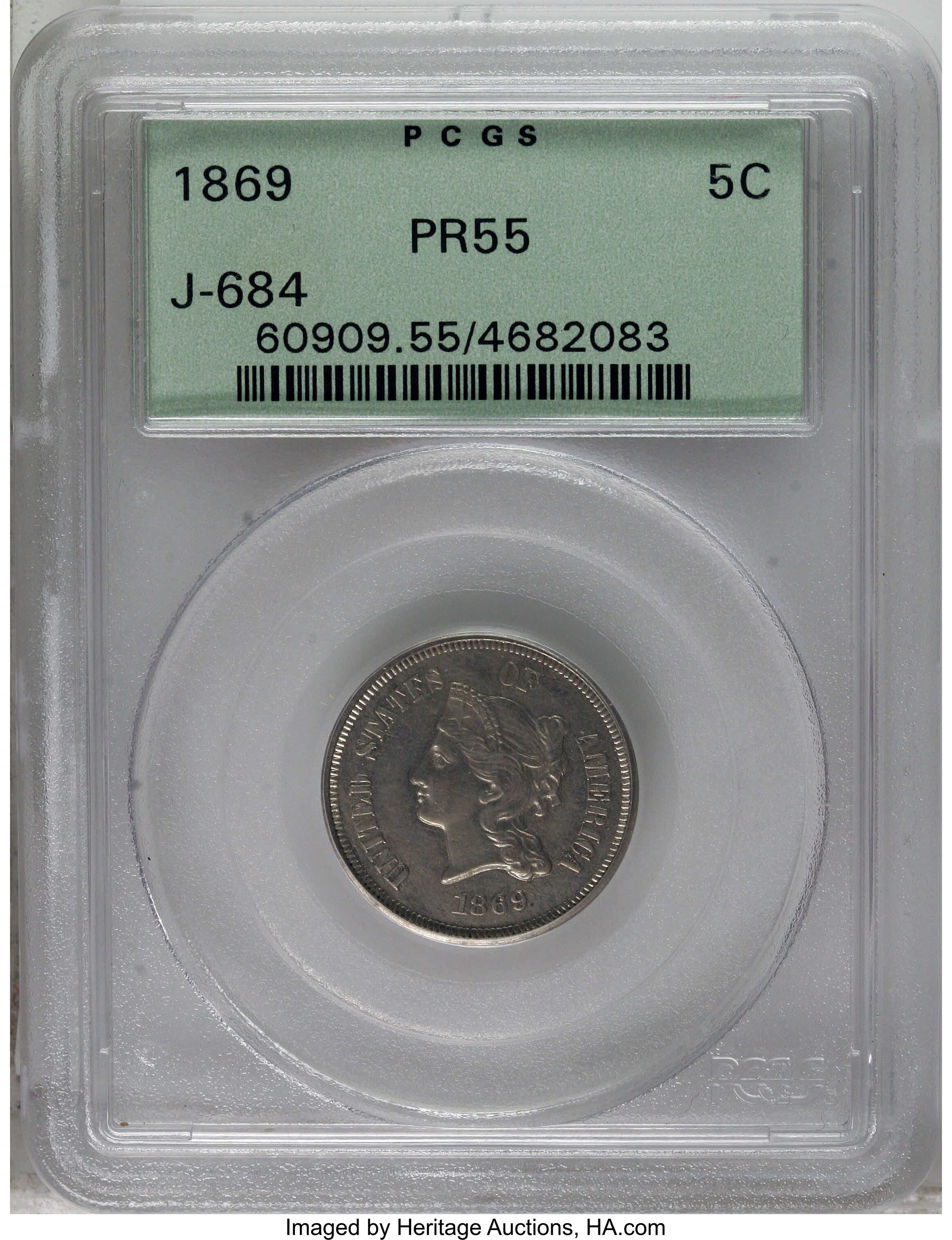 image for: 1869 5C Five Cents, Judd-684, Pollock-763, R.5, PR55 PCGS. Similar to the contemporary three cent nickel, but the Roman num...