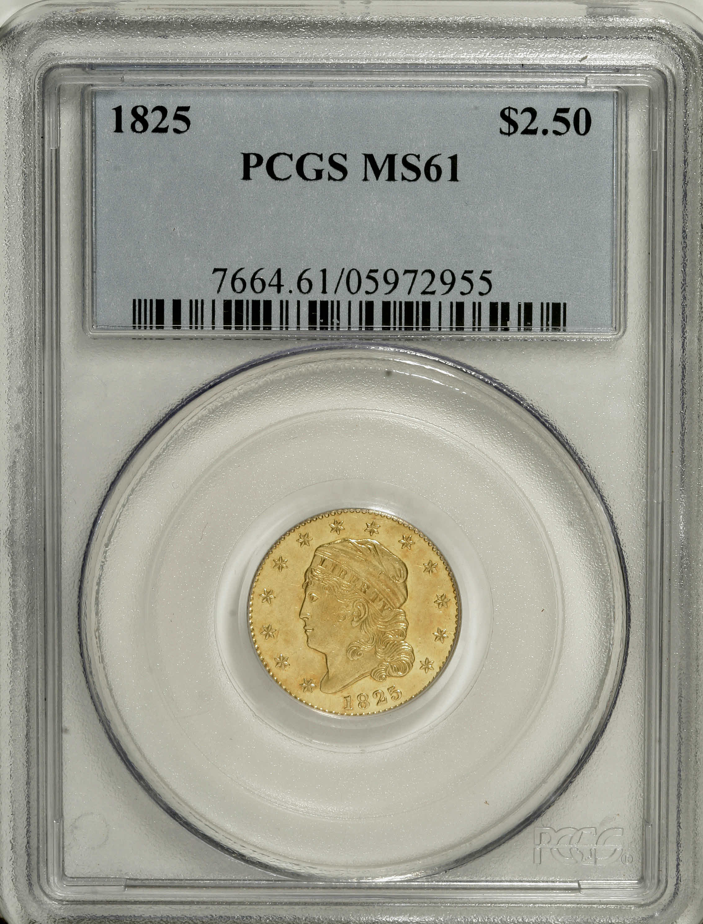 image for: 1825 $2 1/2 MS61 PCGS. Breen-6128, BD-2, High R.4. The repunched 5 in the date leans left and is below the adjacent 2; the ...